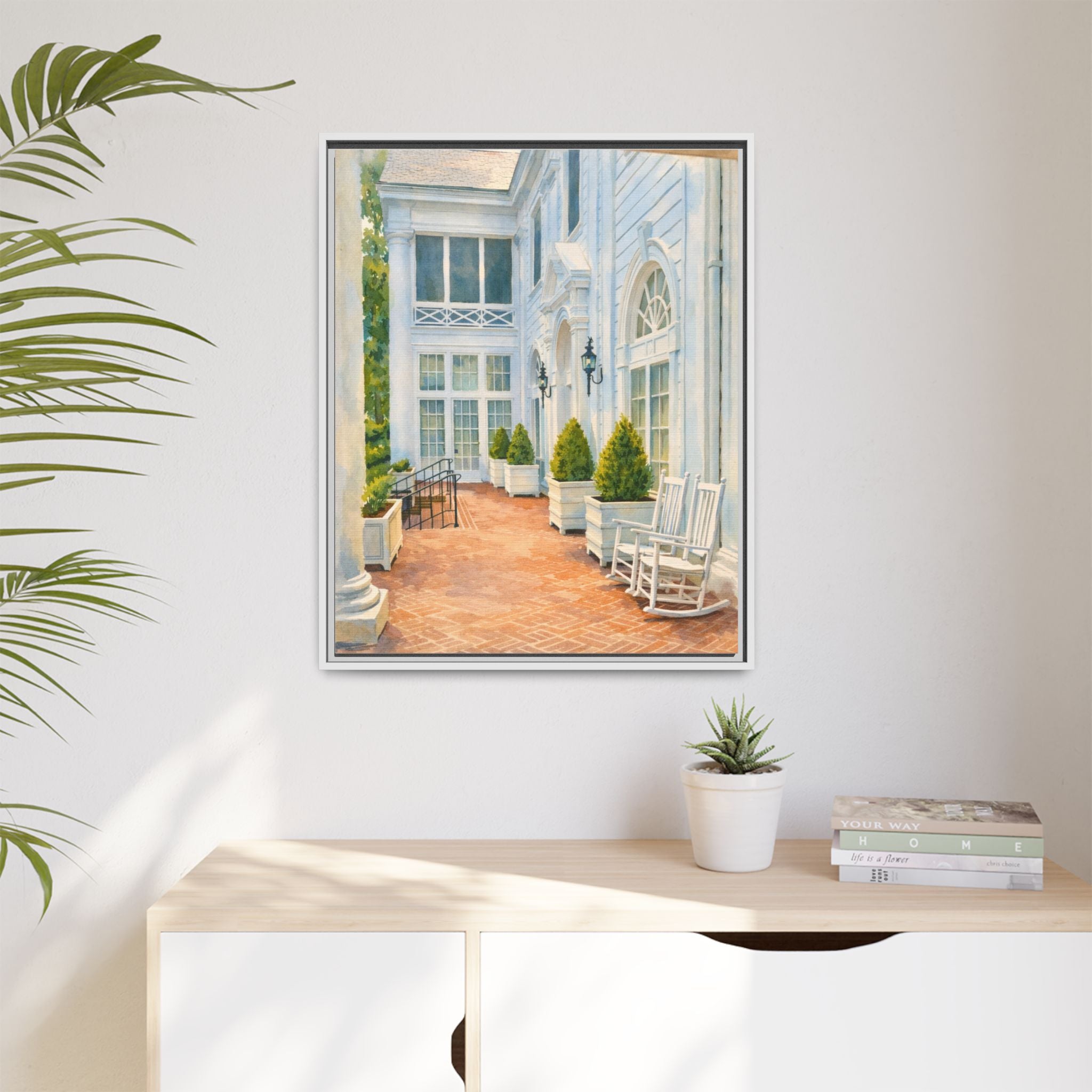 Framed Matte Canvas Print — Sunny Southern Porch Painting - The Duke Mansion