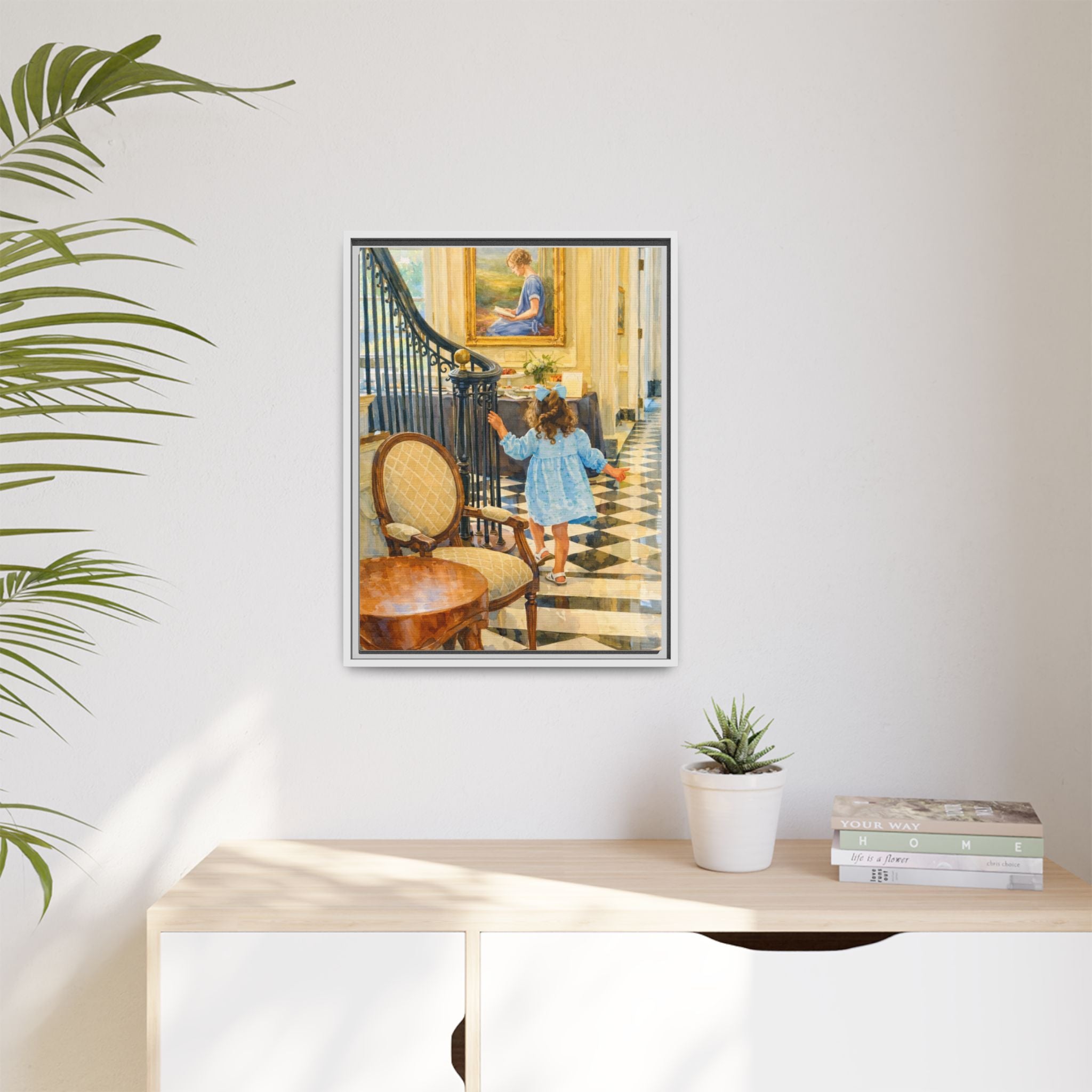 Framed Canvas Art – Little Girl in Blue Dress Vintage Hallway Print