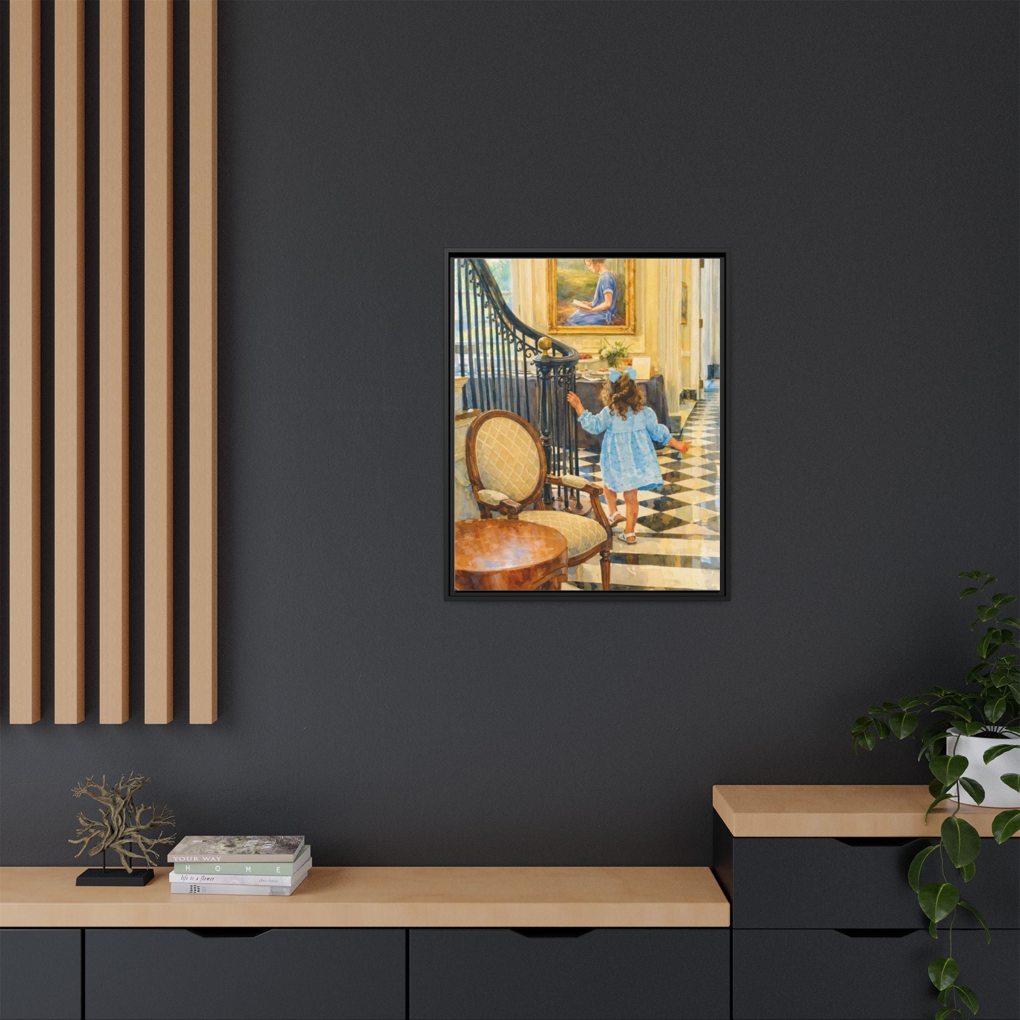 Framed Canvas Art – Little Girl in Blue Dress Vintage Hallway Print