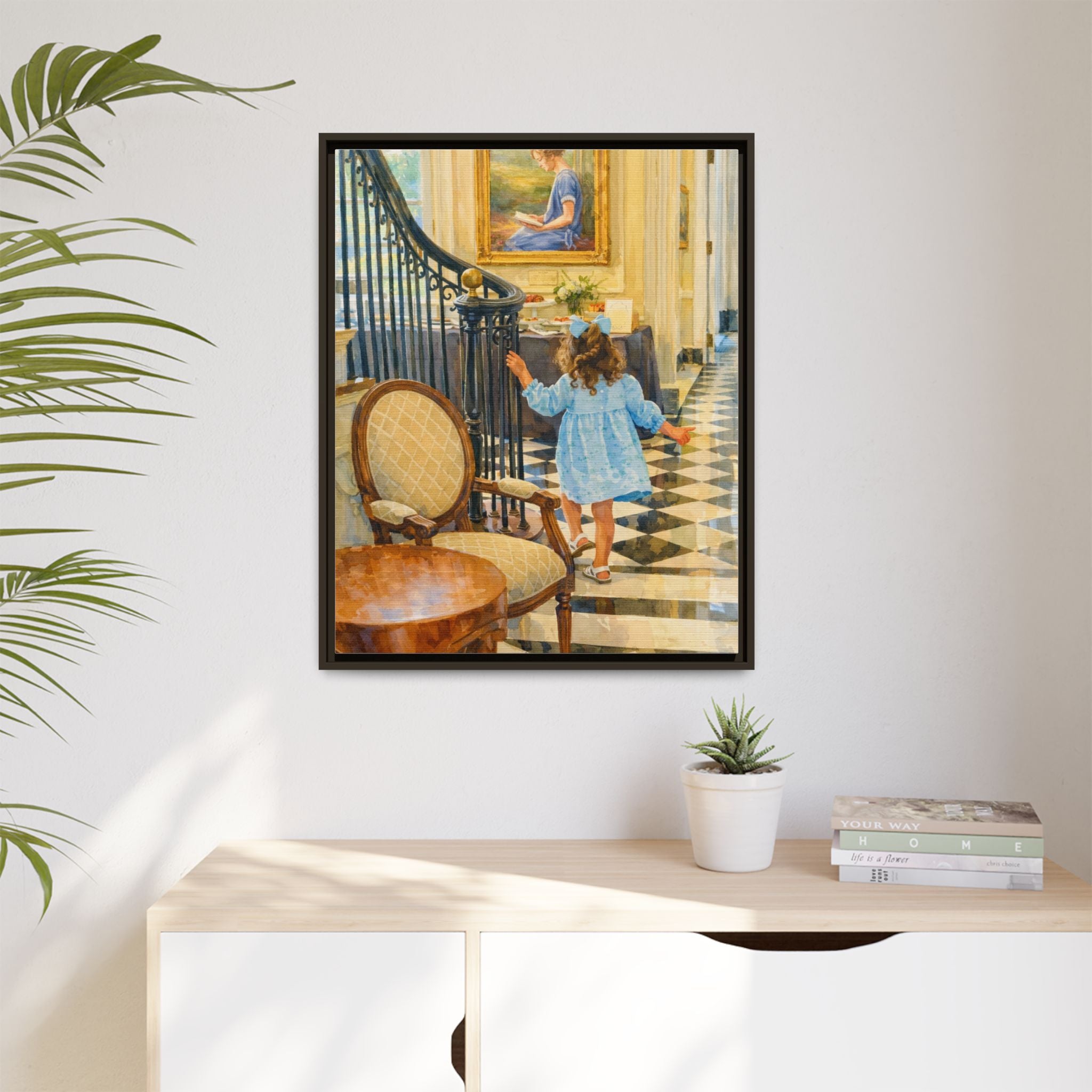 Framed Canvas Art – Little Girl in Blue Dress Vintage Hallway Print