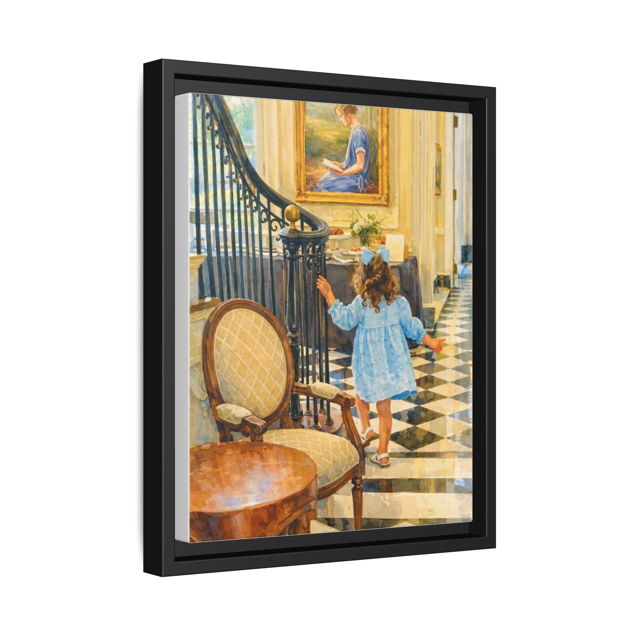 Framed Canvas Art – Little Girl in Blue Dress Vintage Hallway Print