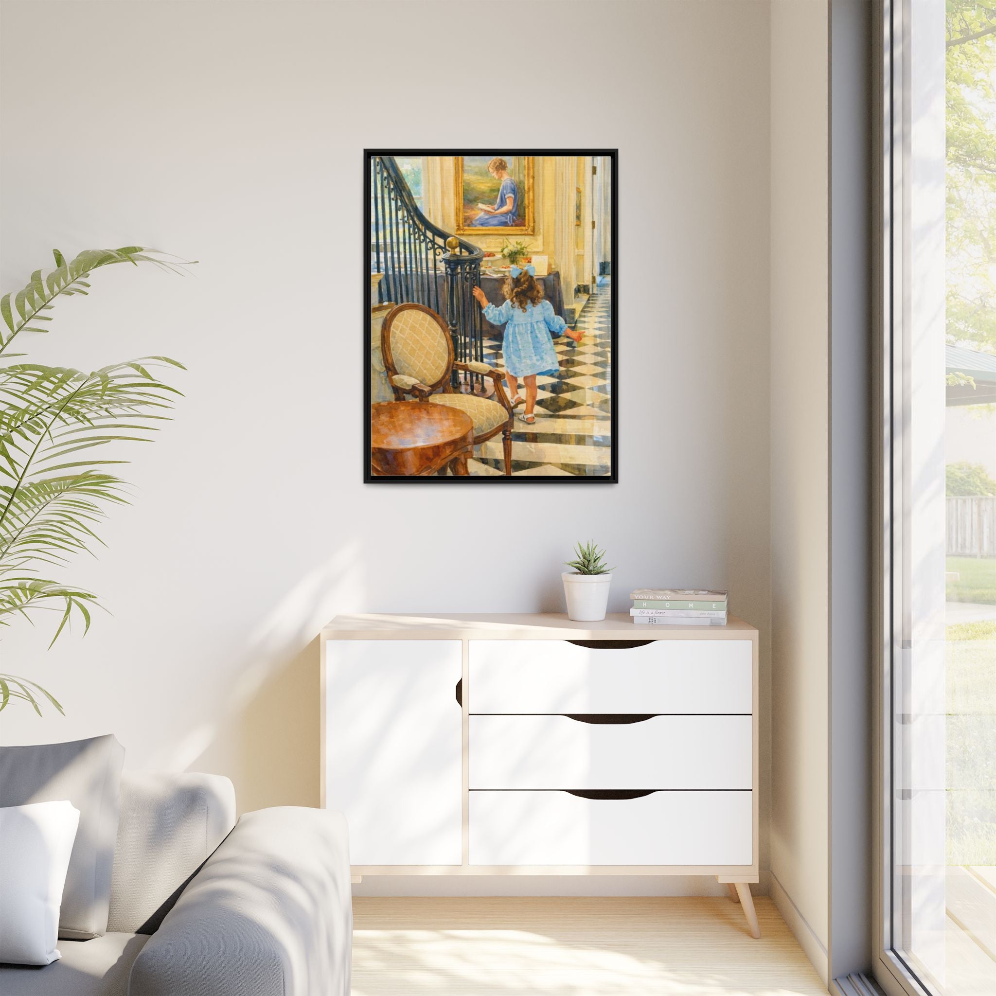 Framed Canvas Art – Little Girl in Blue Dress Vintage Hallway Print
