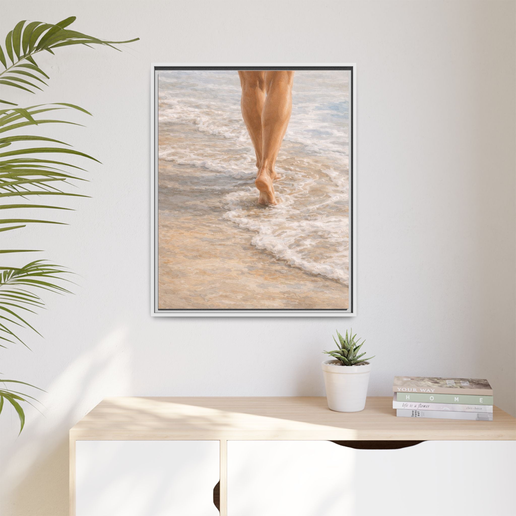 Framed Canvas Art — Bare Feet Walking on Beach Seashore Print