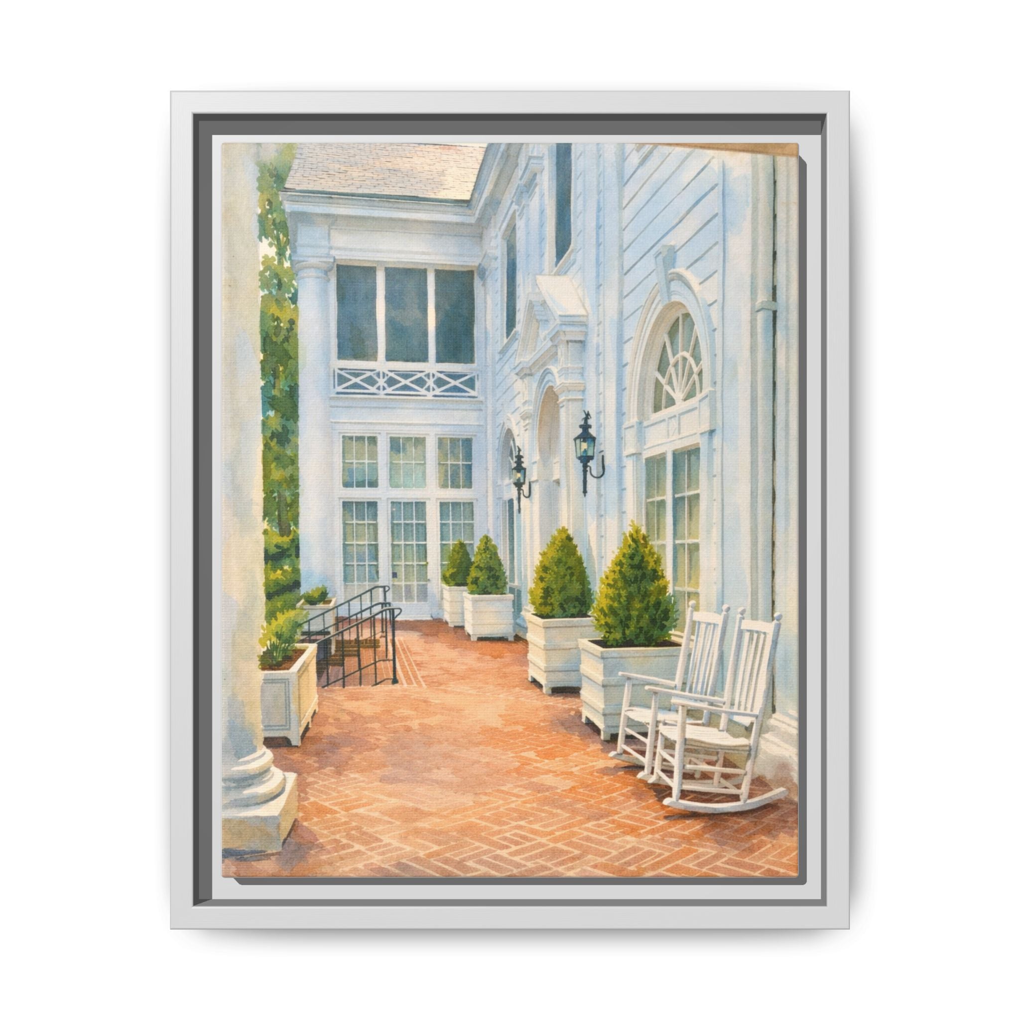 Framed Matte Canvas Print — Sunny Southern Porch Painting - The Duke Mansion