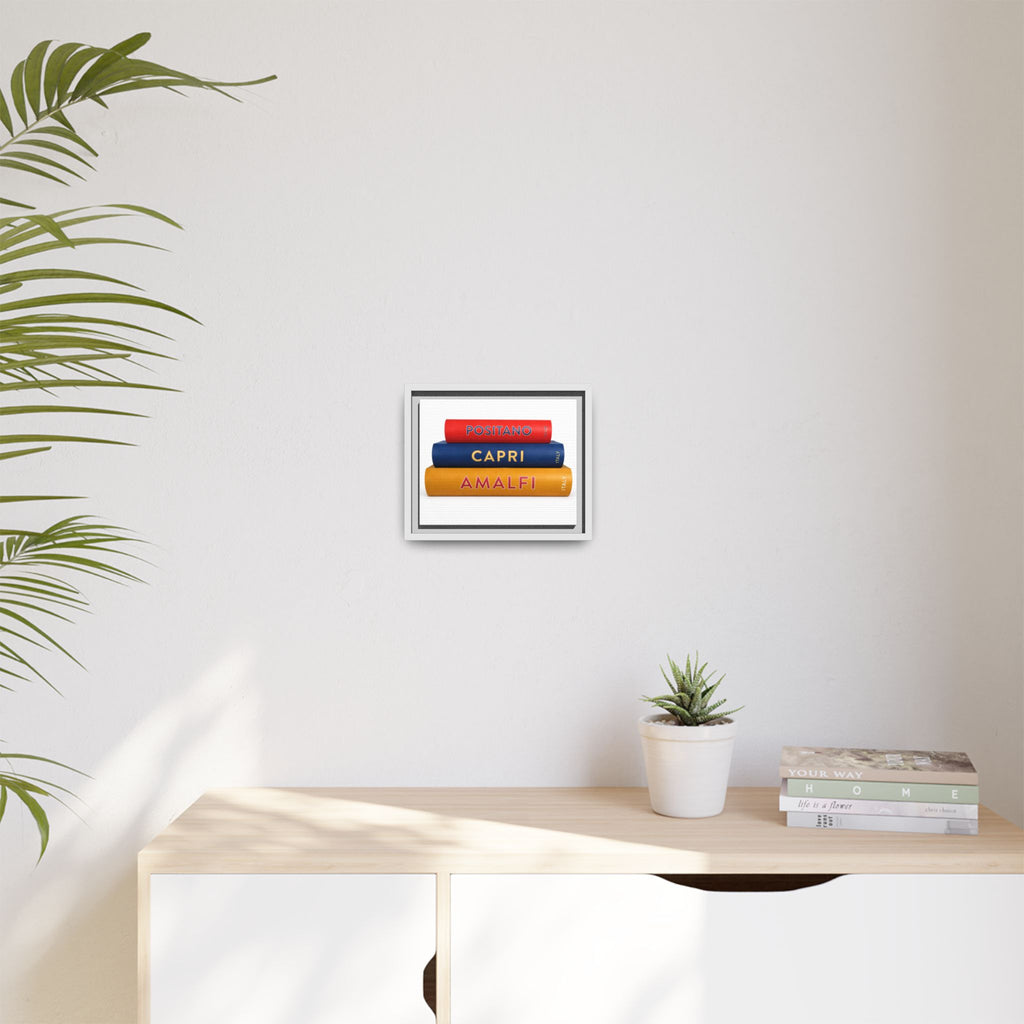 Matte Framed Canvas - Amalfi Capri Positano Travel Book Stack Wall Art
