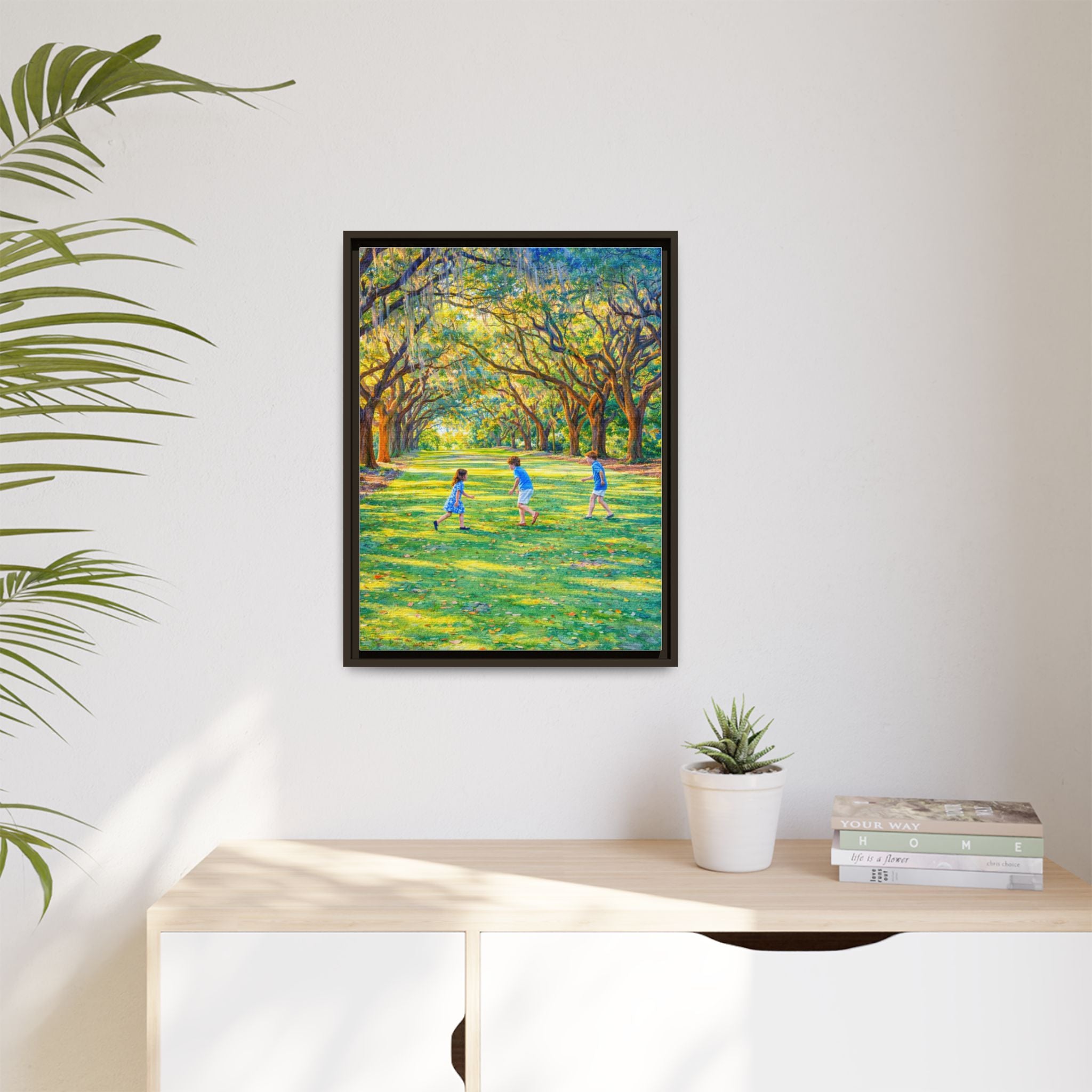 Framed Canvas Print — Children Playing Under Sunlit Oak Trees (Matte)