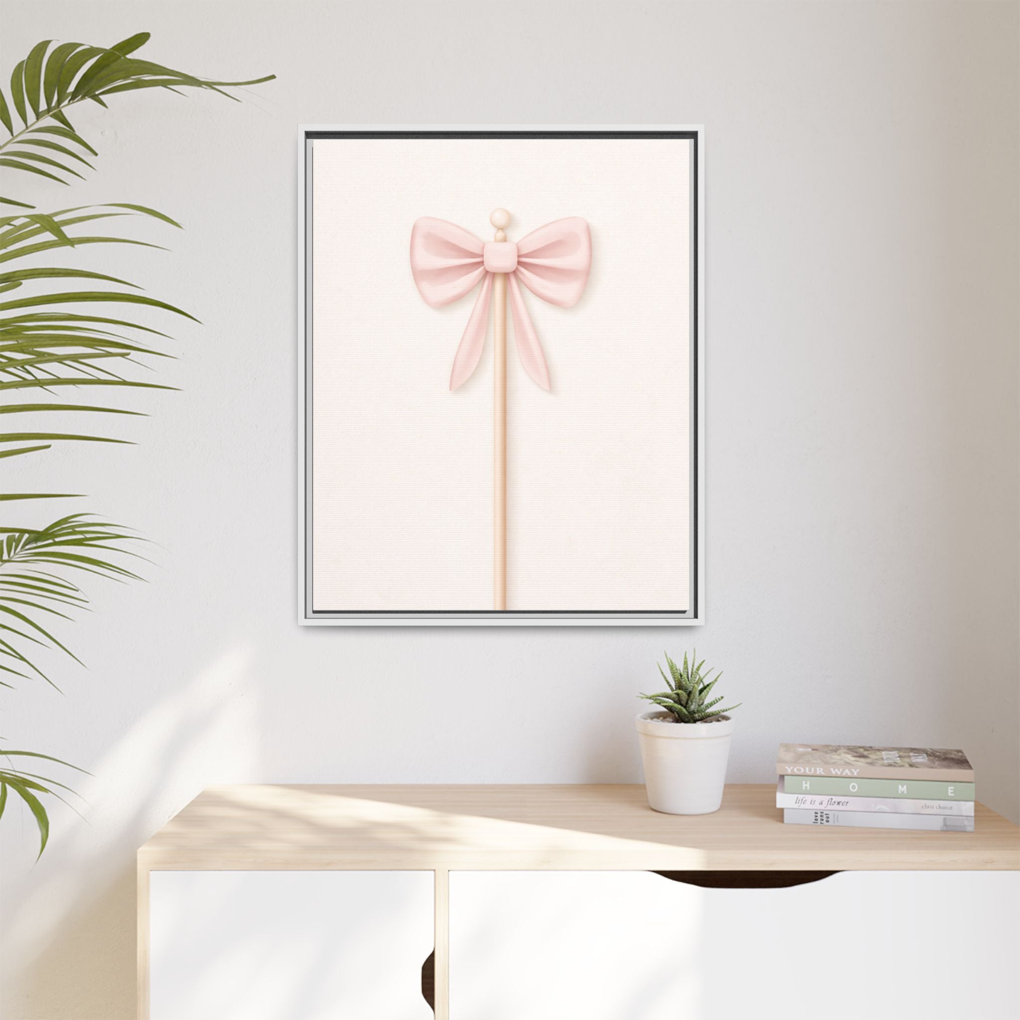 Framed Matte Canvas Print — Soft Pink Ribbon Bow Wall Art