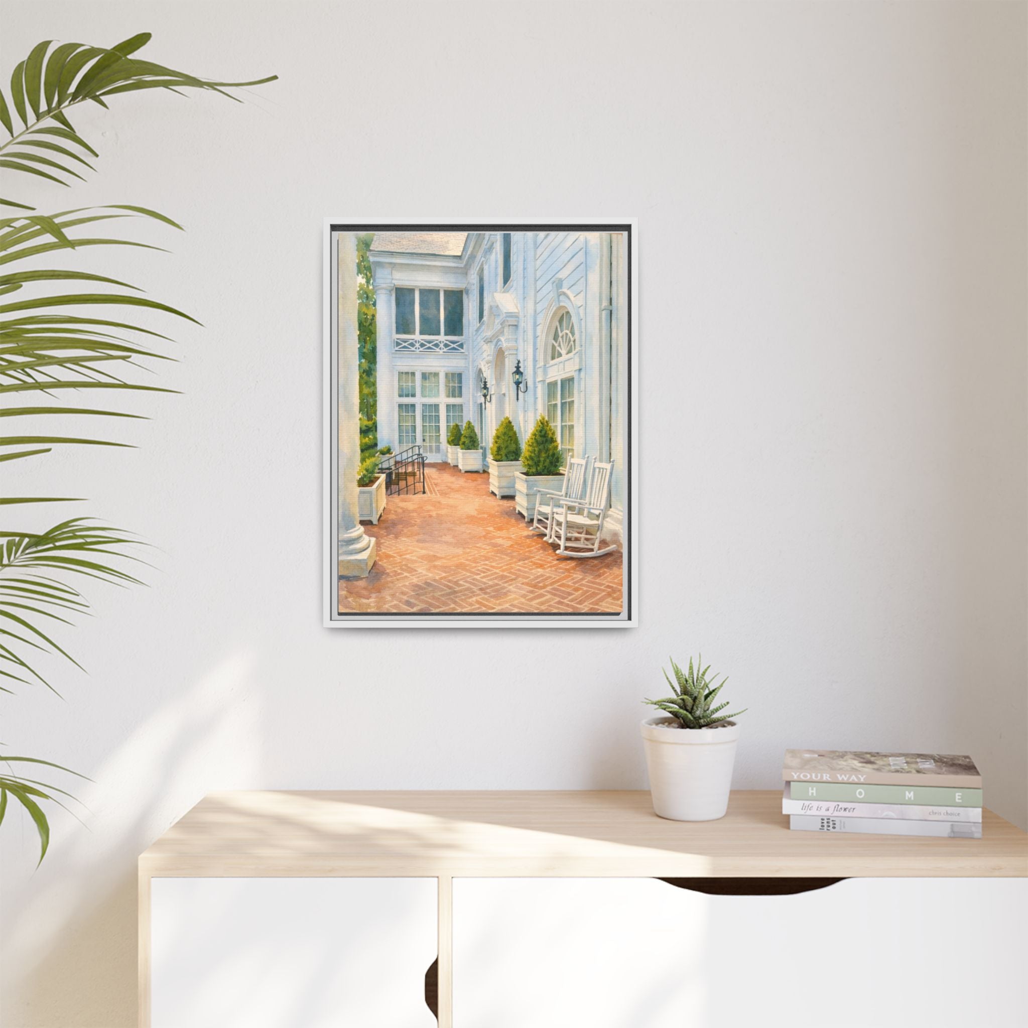 Framed Matte Canvas Print — Sunny Southern Porch Painting - The Duke Mansion