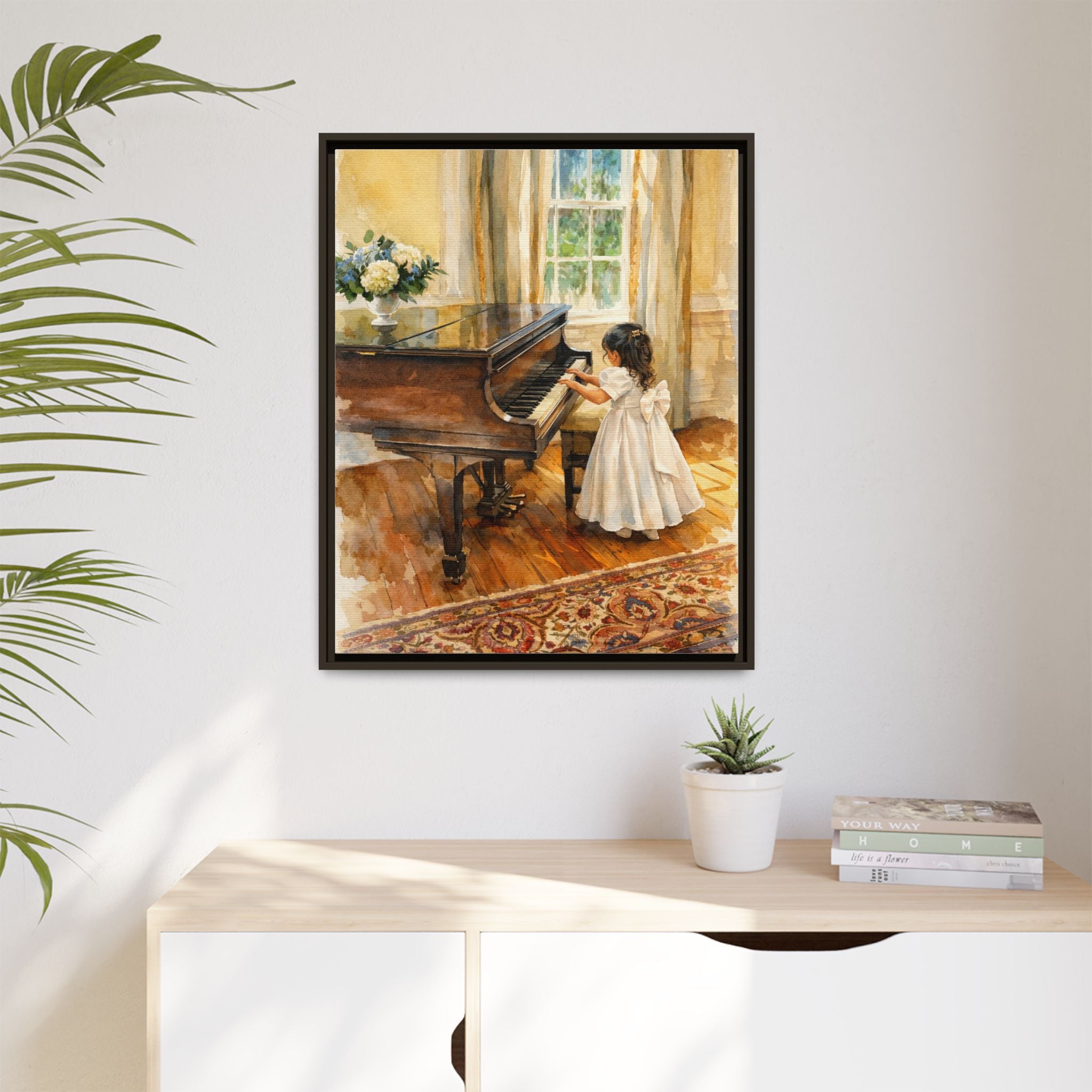 Framed Canvas Art - Little Girl at Piano Watercolor Print