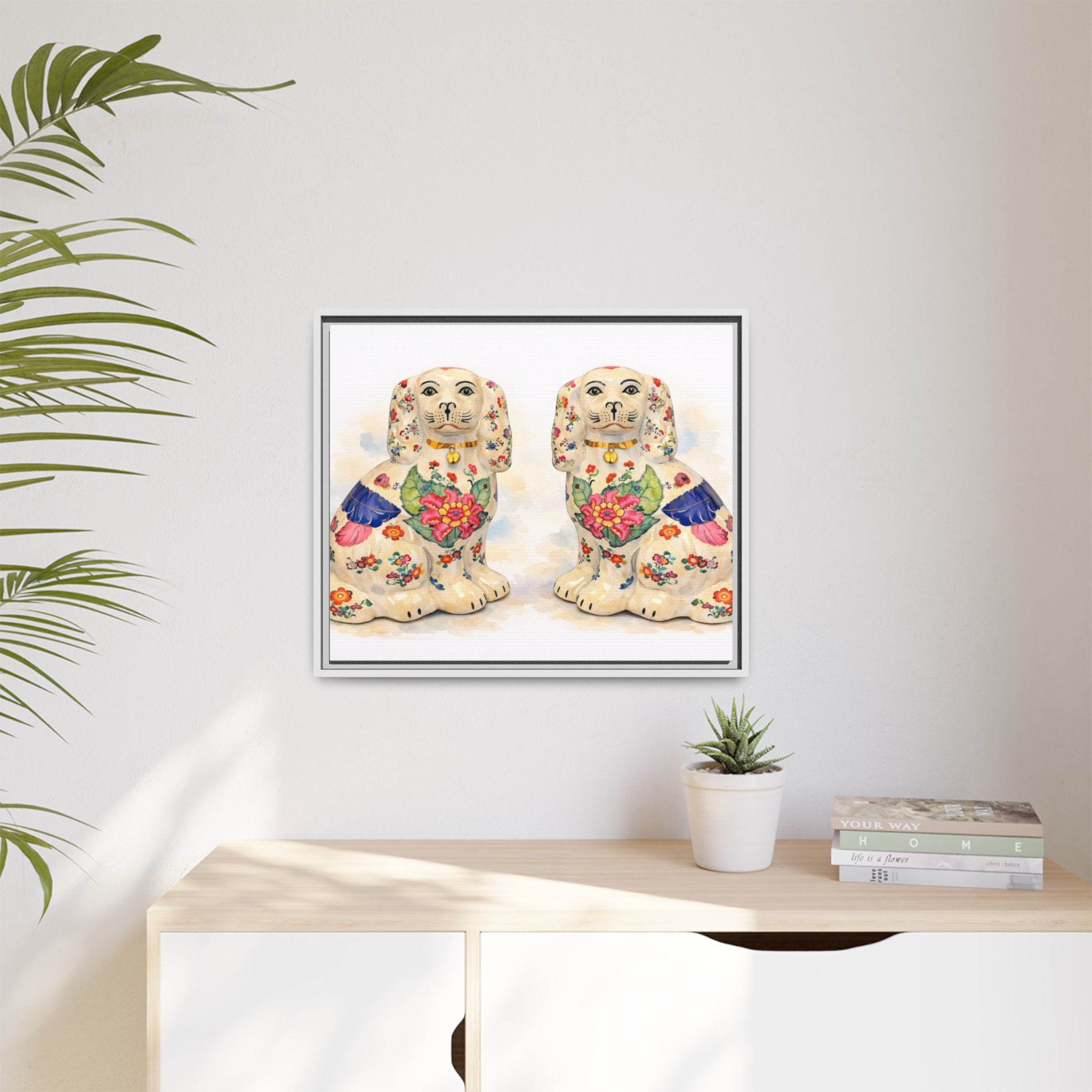 Framed Matte Canvas - Vintage Floral Staffordshire Spaniels Wall Art
