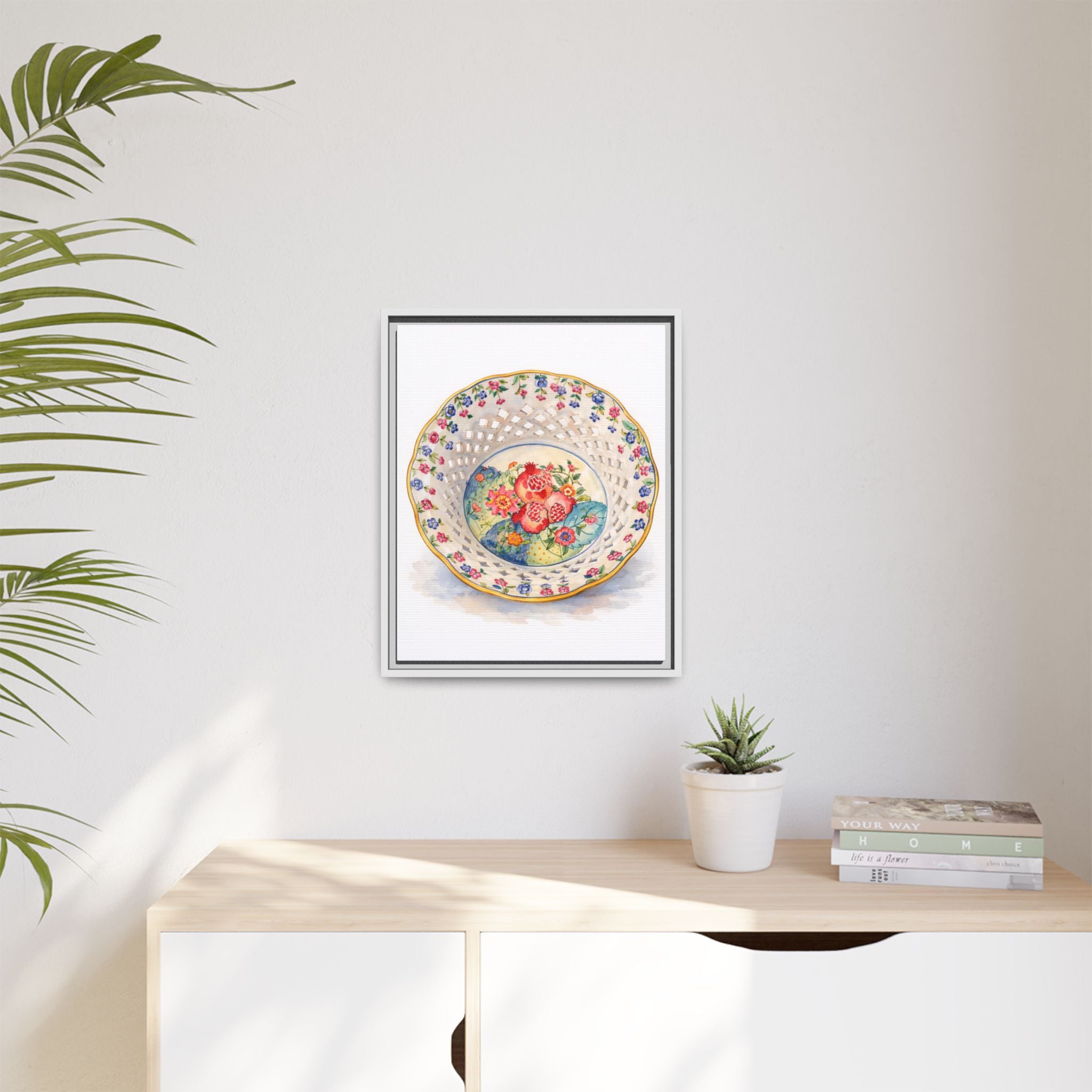 Framed Floral China Plate Canvas Print — Vintage Botanical Wall Art