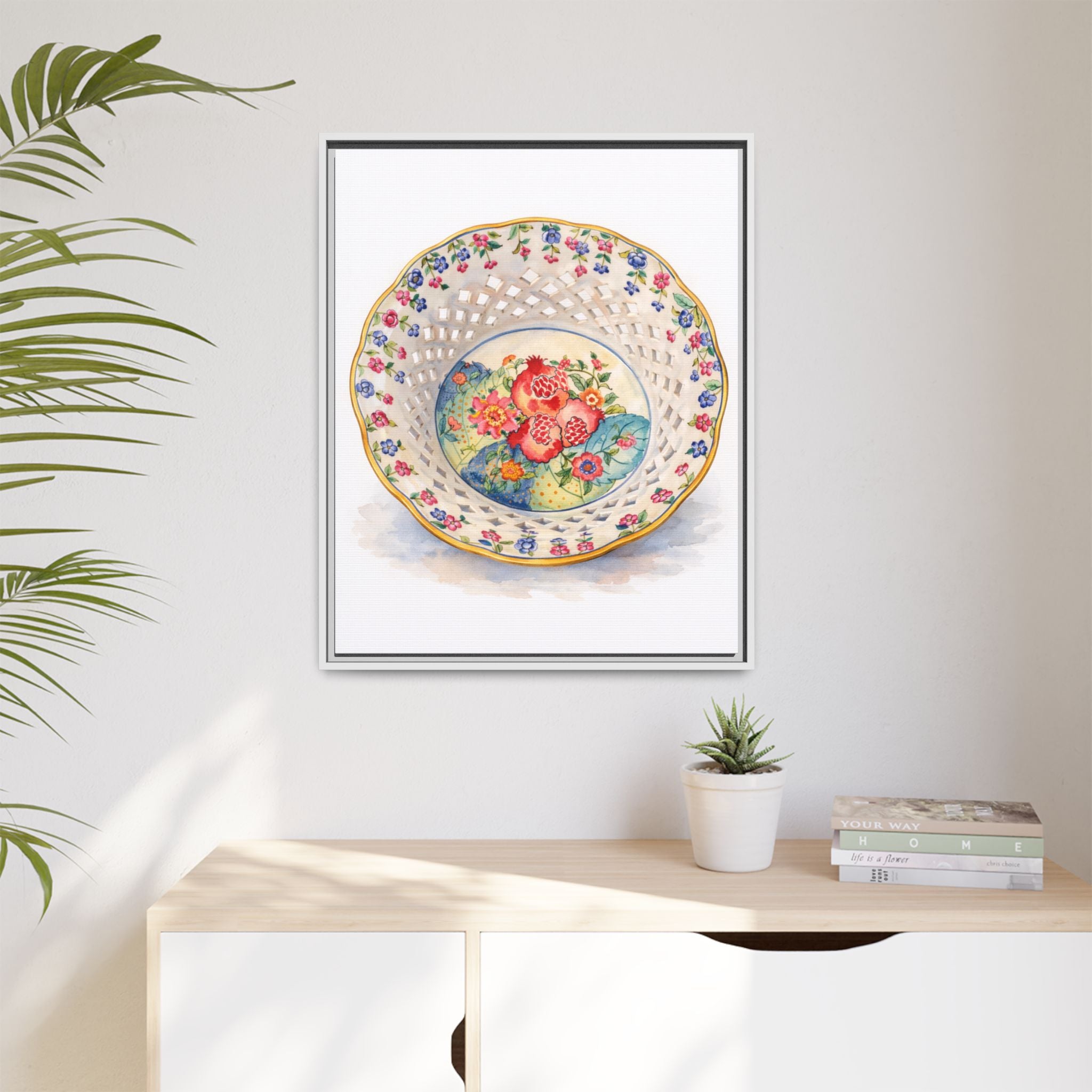 Framed Floral China Plate Canvas Print — Vintage Botanical Wall Art