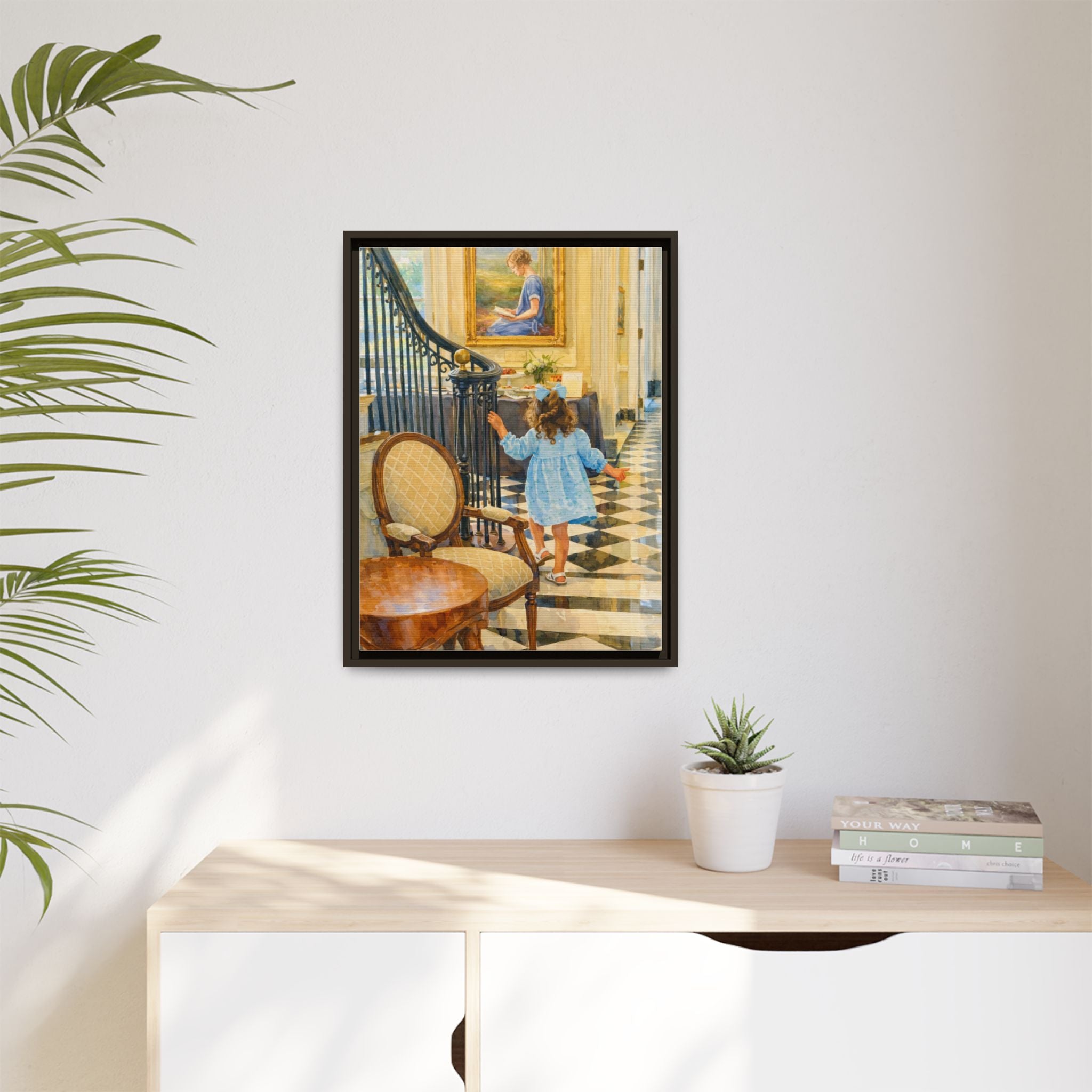 Framed Canvas Art – Little Girl in Blue Dress Vintage Hallway Print