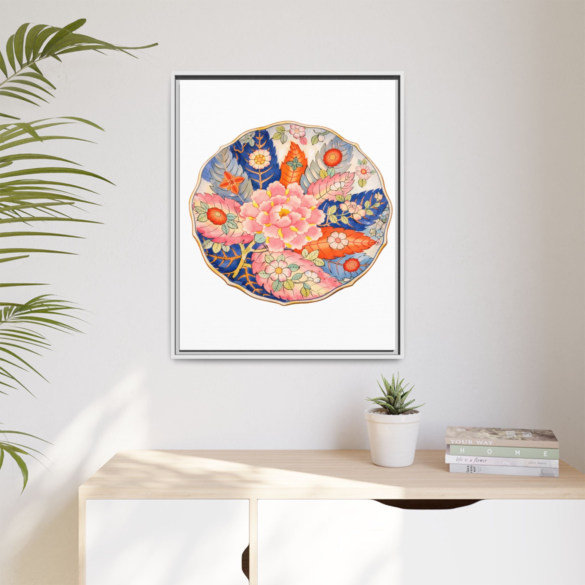 Floral Medallion Framed Canvas Art — Vintage Botanical Wall Decor