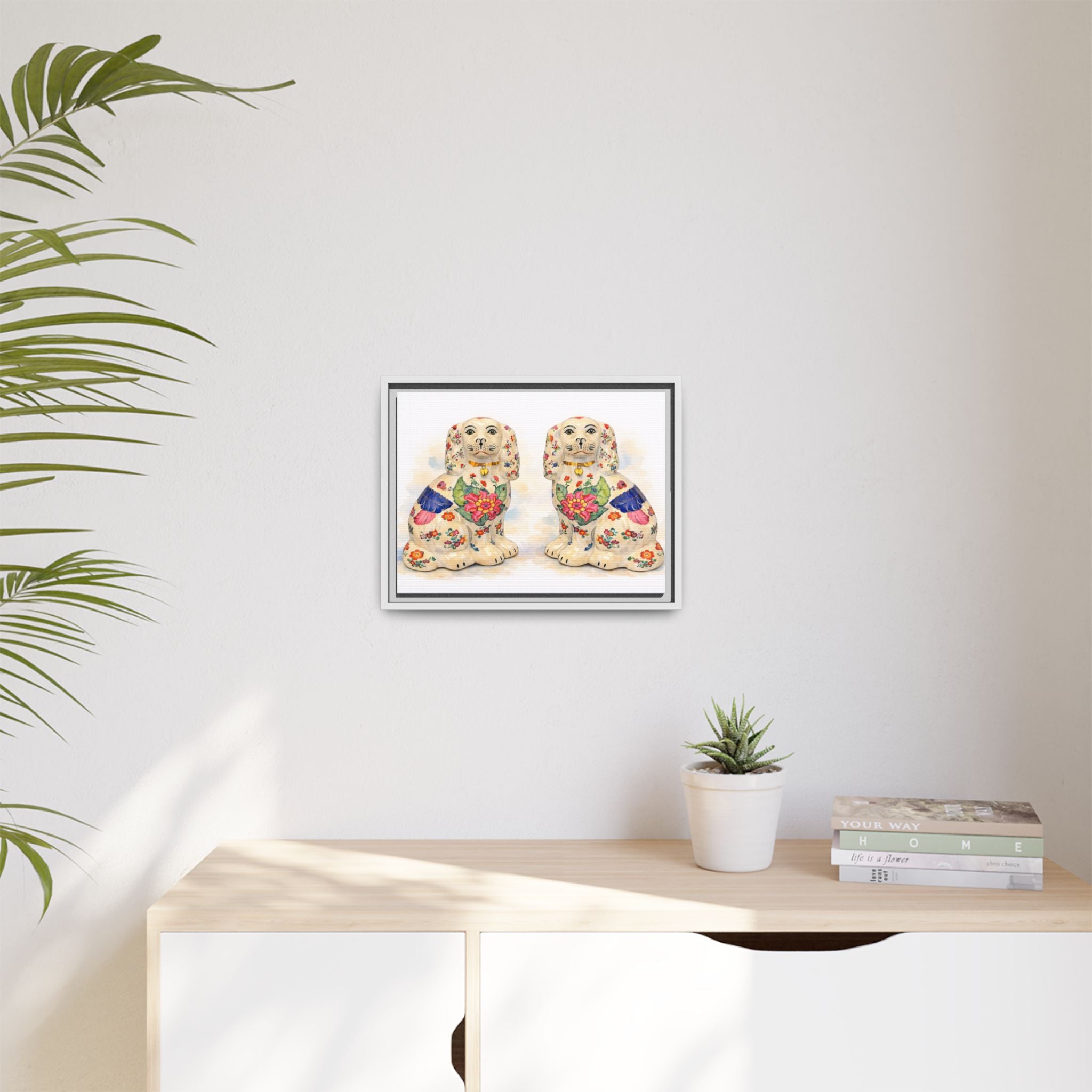 Framed Matte Canvas - Vintage Floral Staffordshire Spaniels Wall Art
