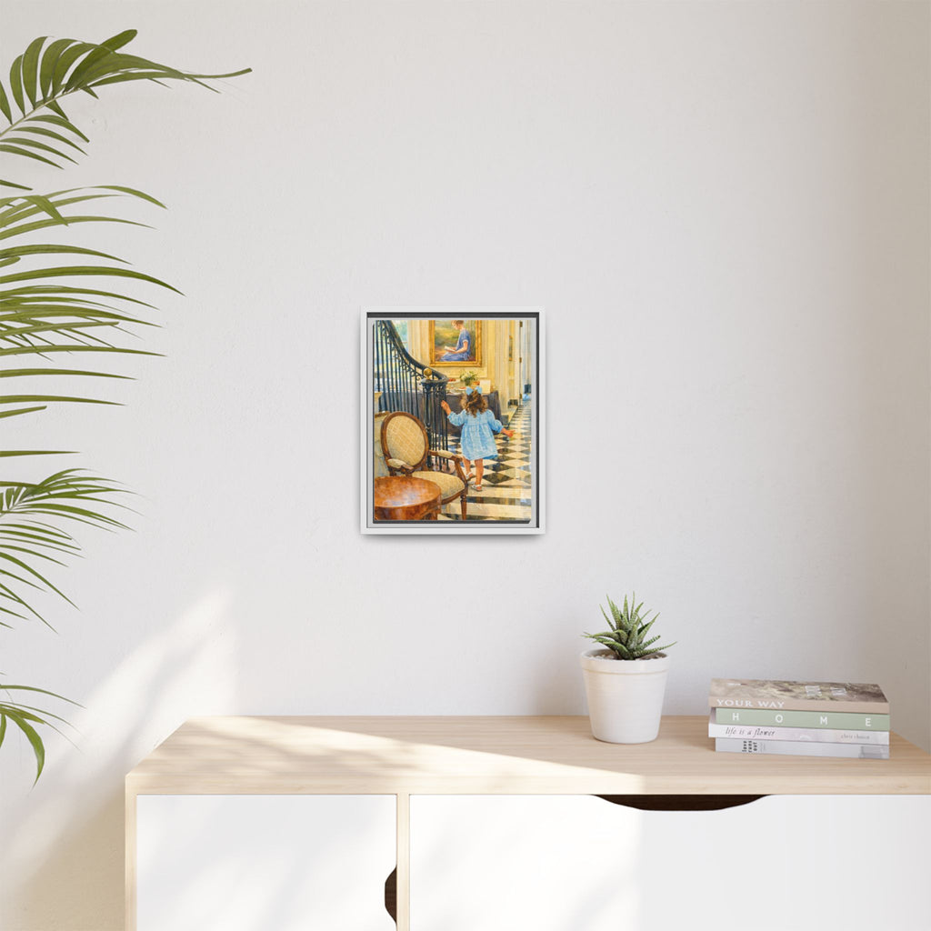 Framed Canvas Art – Little Girl in Blue Dress Vintage Hallway Print