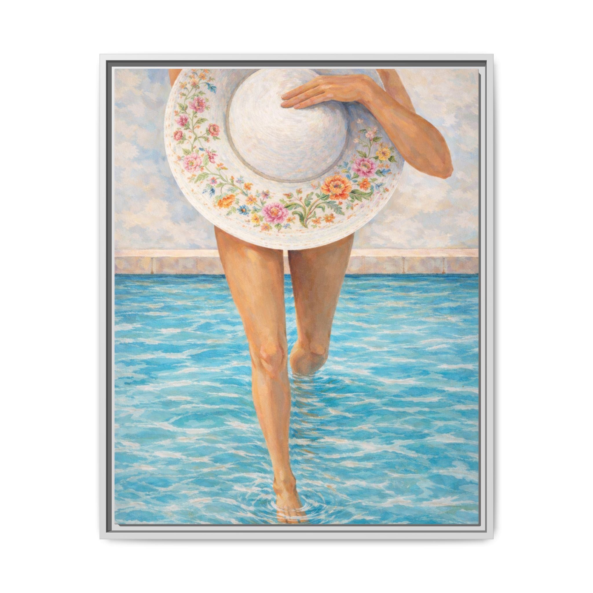 Summer Stroll Canvas Print — Woman with Floral Sun Hat Framed Art