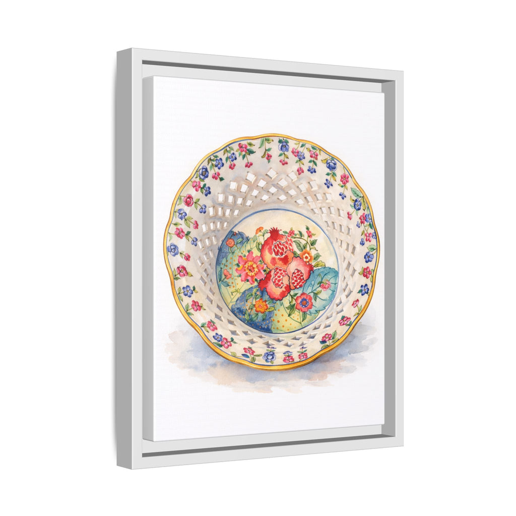 Framed Floral China Plate Canvas Print — Vintage Botanical Wall Art