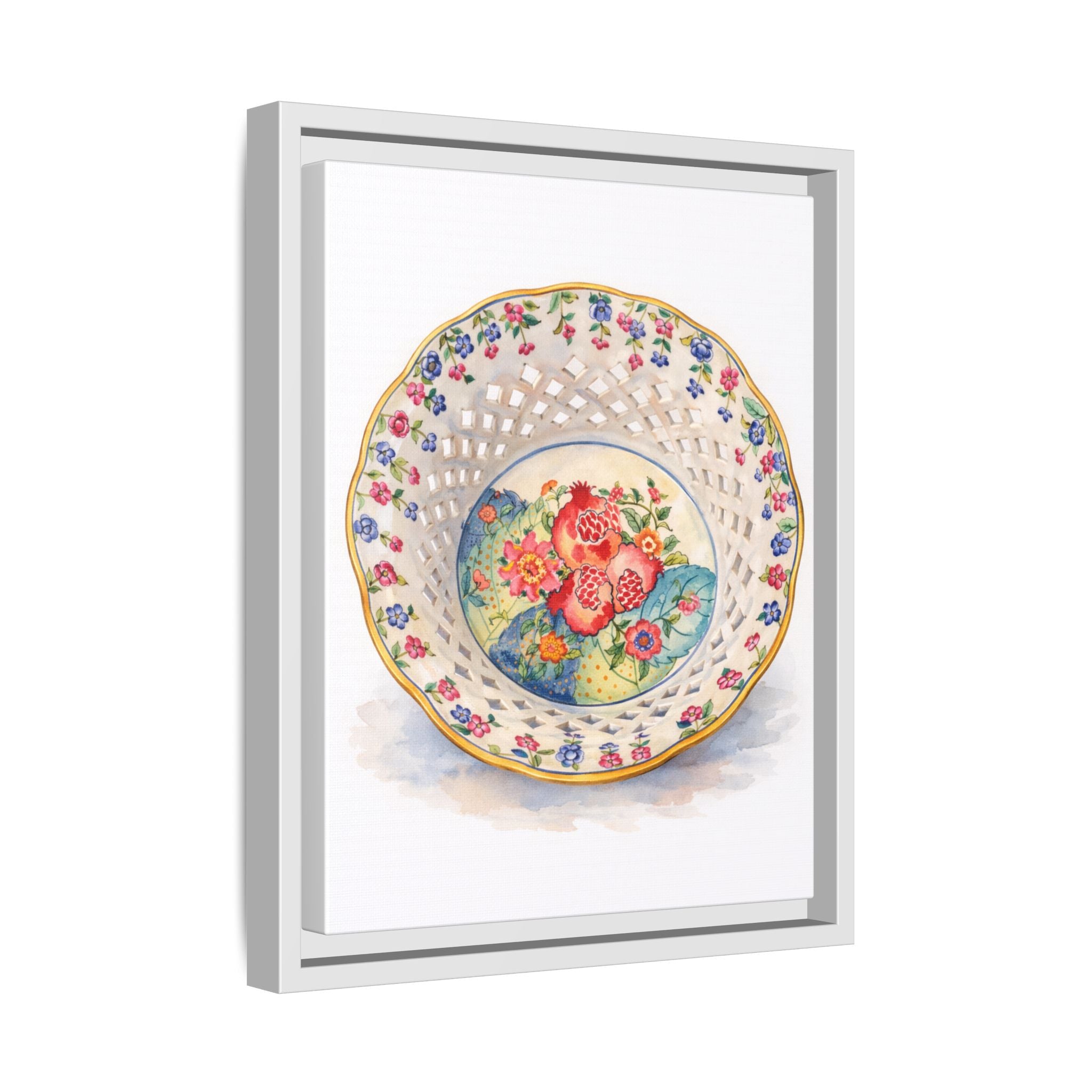 Framed Floral China Plate Canvas Print — Vintage Botanical Wall Art