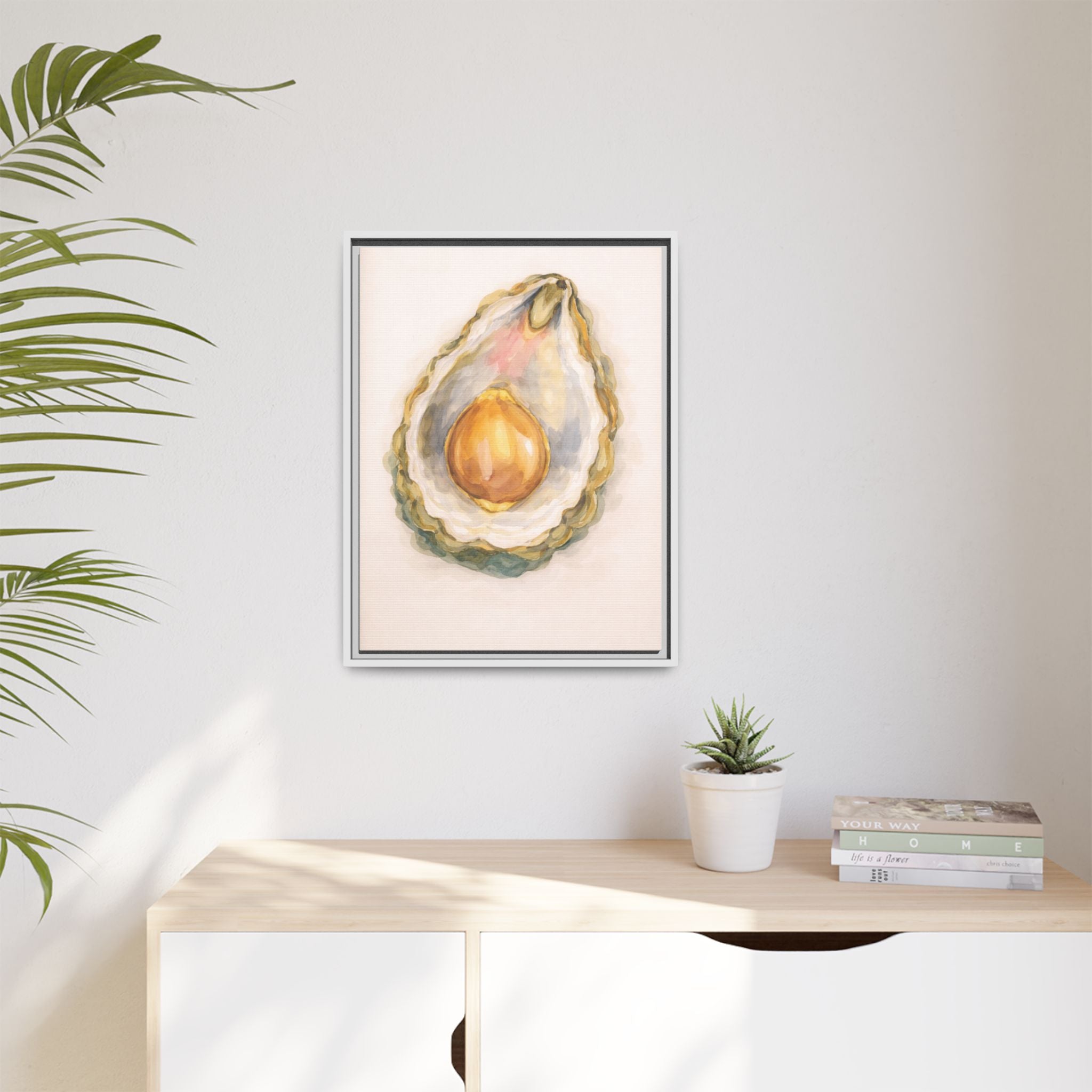 Oyster Pearl Watercolor Framed Canvas Print