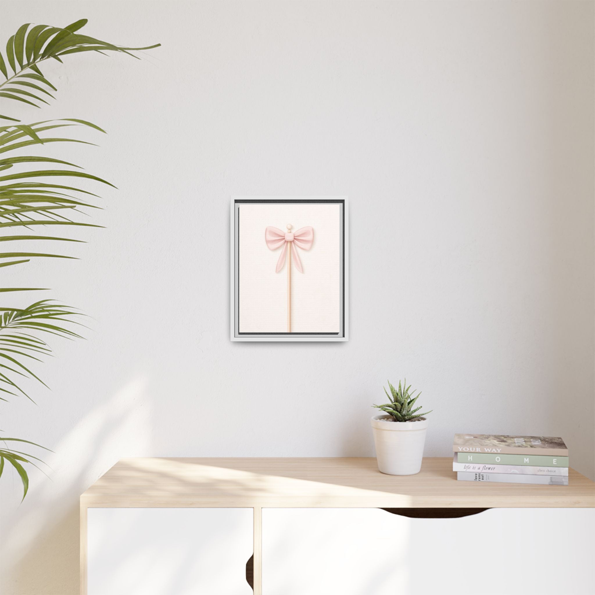 Framed Matte Canvas Print — Soft Pink Ribbon Bow Wall Art