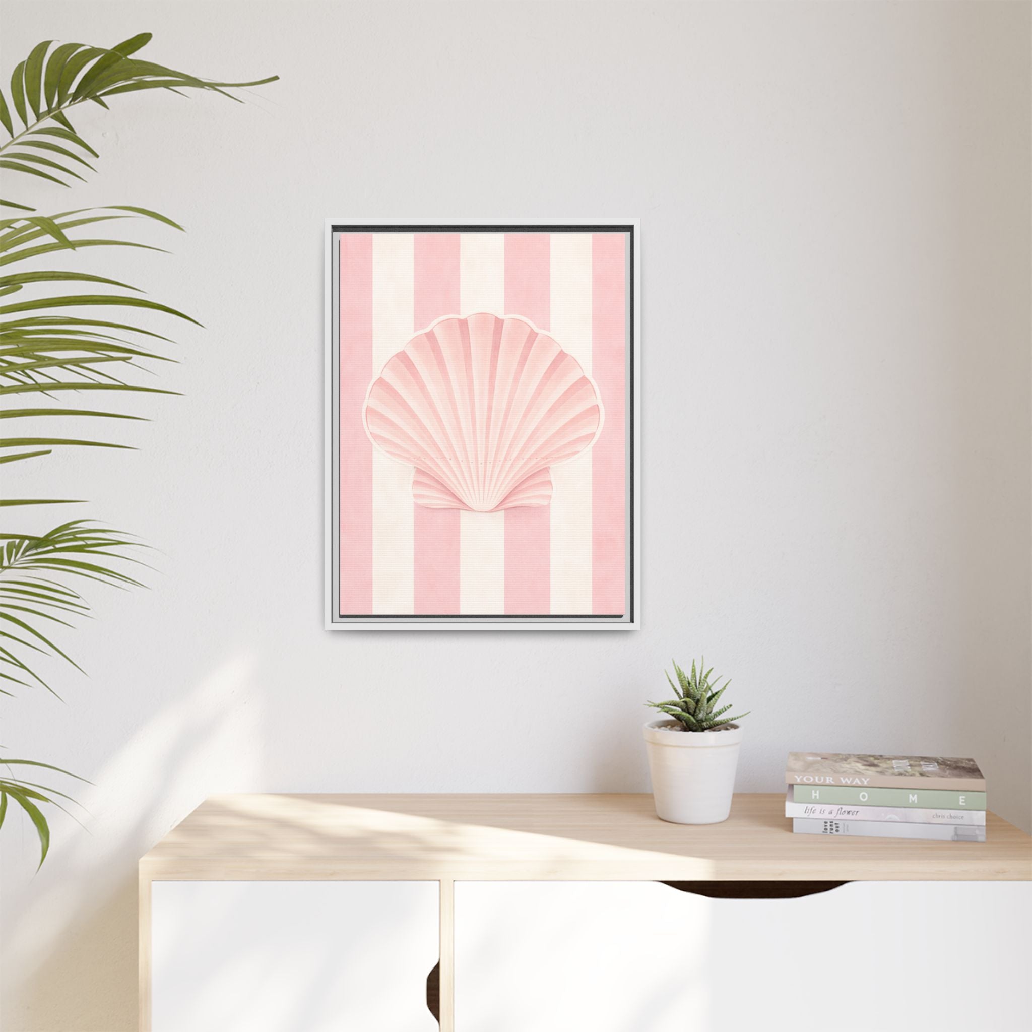 Seashell Wall Art Canvas — Pink Striped Framed Print