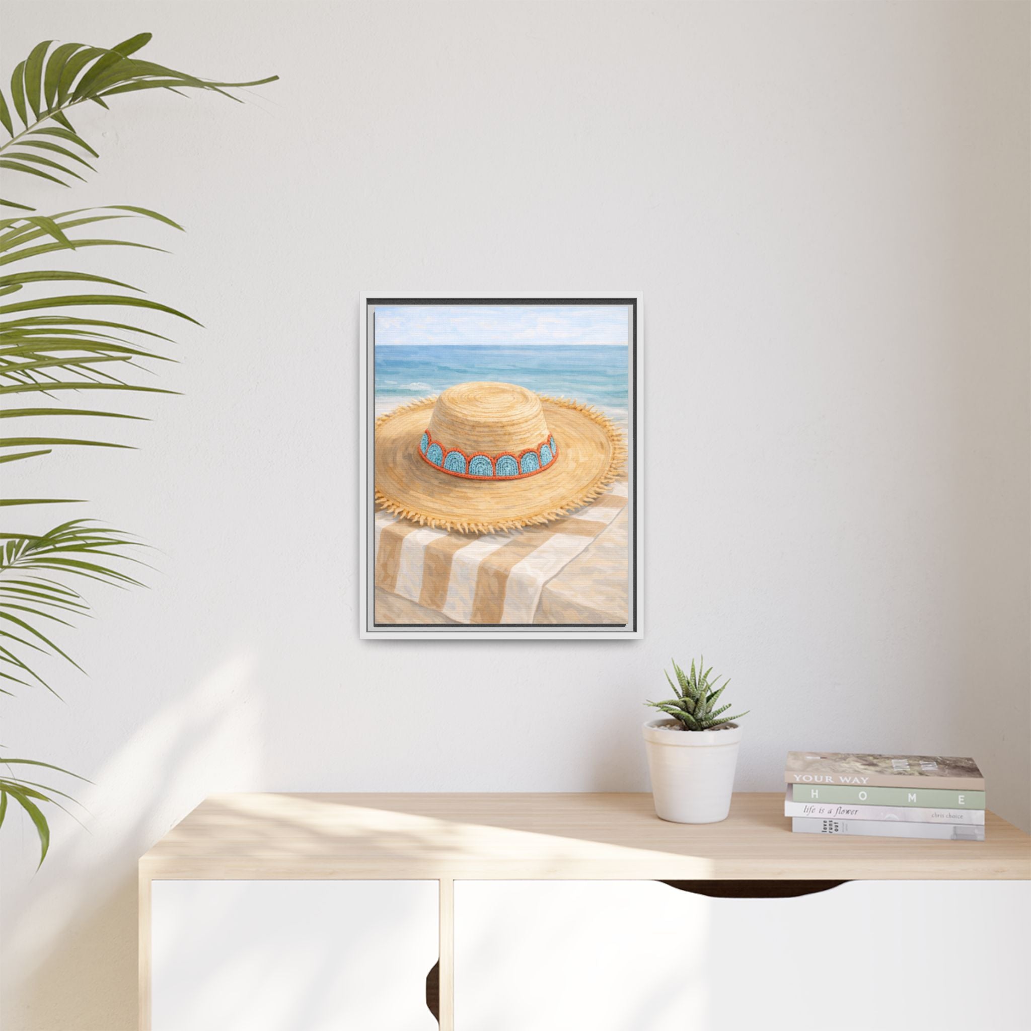 Beach Straw Hat Framed Canvas Print — Coastal Wall Art