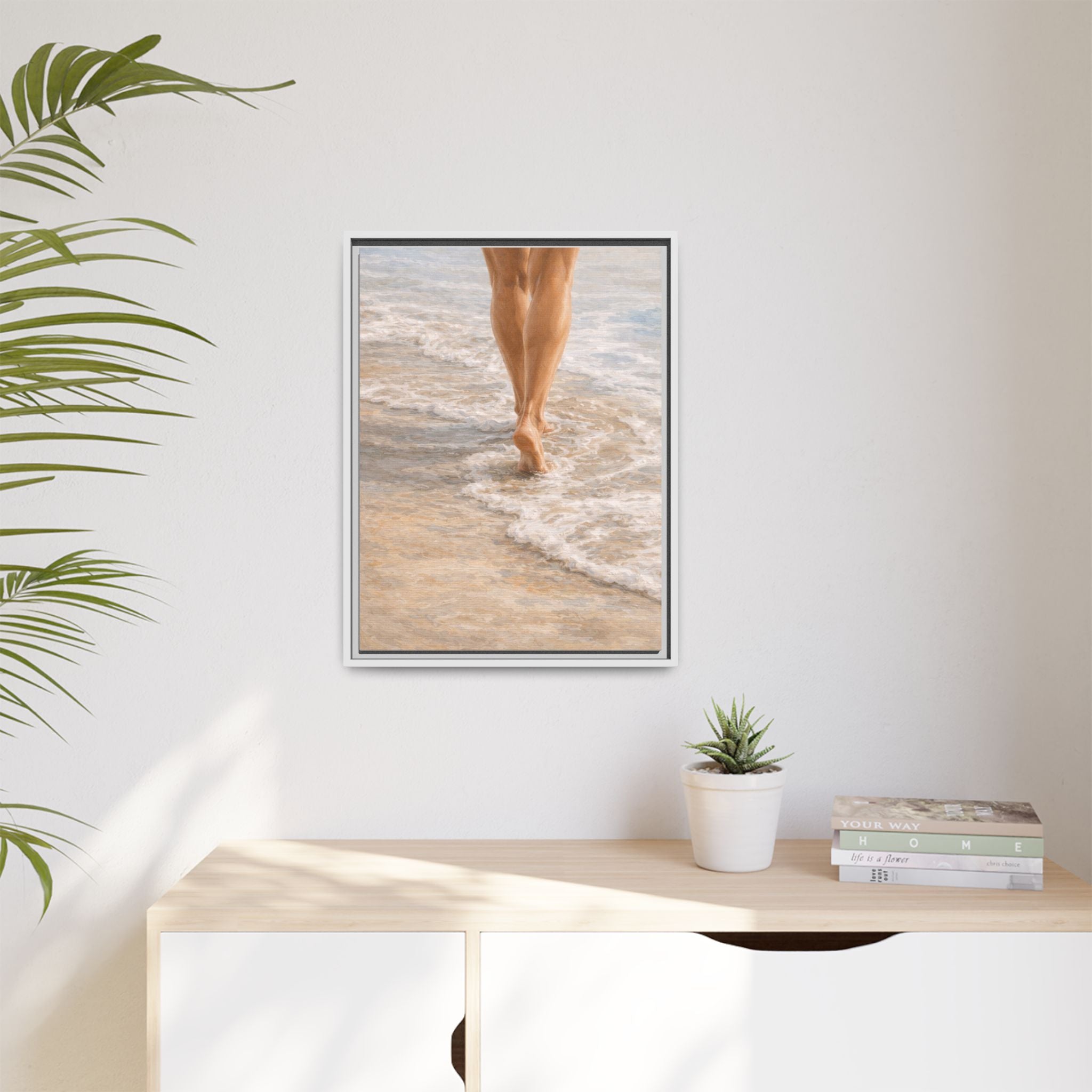 Framed Canvas Art — Bare Feet Walking on Beach Seashore Print
