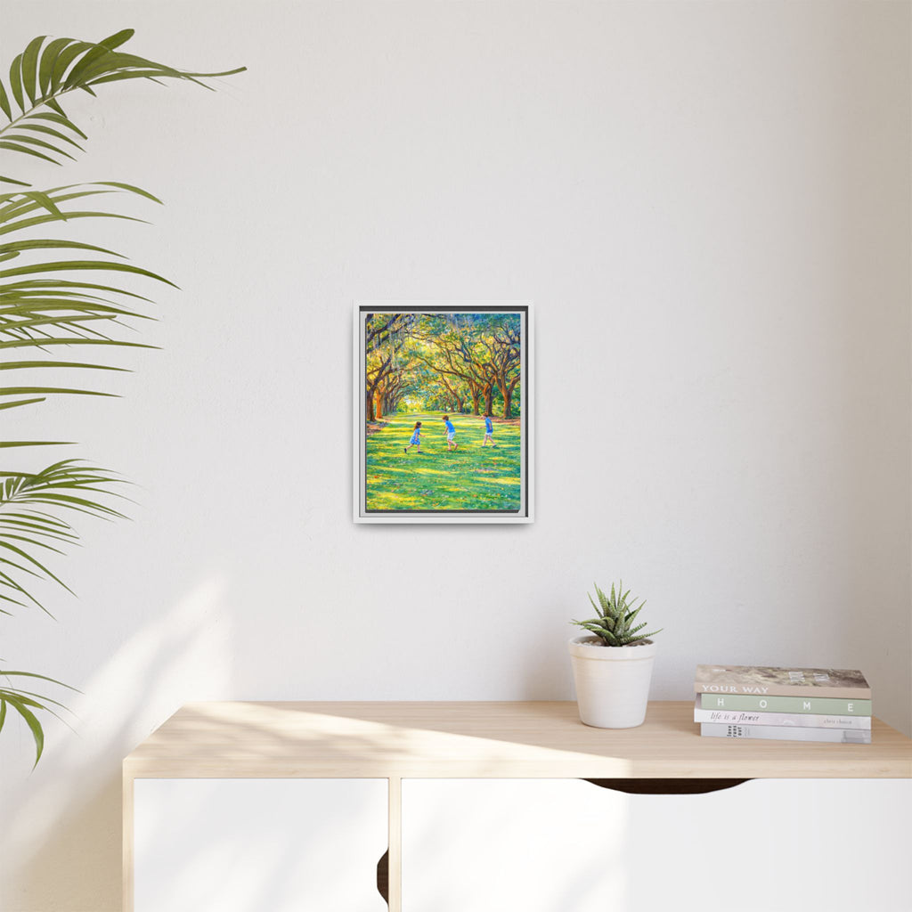 Framed Canvas Print — Children Playing Under Sunlit Oak Trees (Matte)