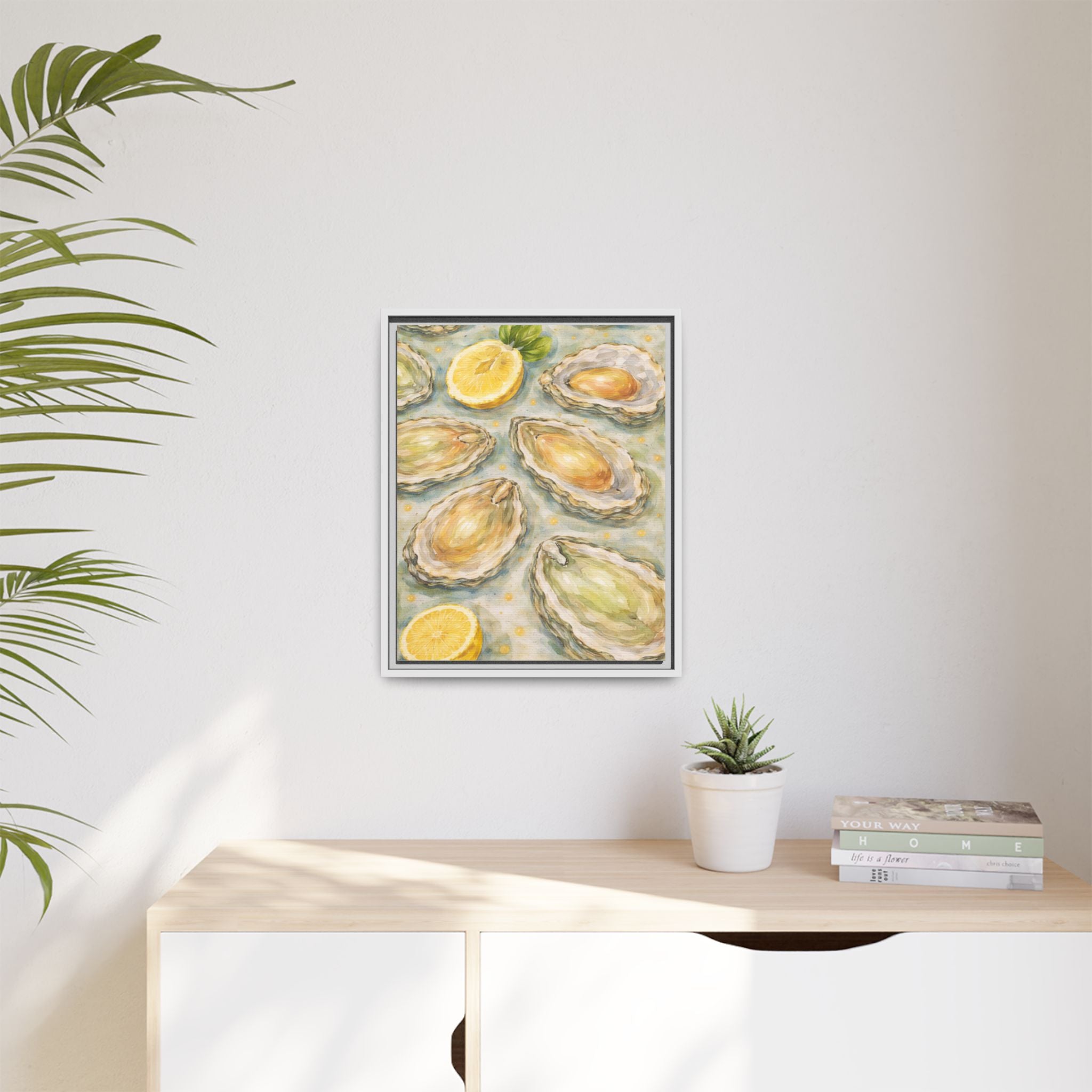 Framed Oyster & Lemon Canvas Art — Coastal Kitchen Wall Decor