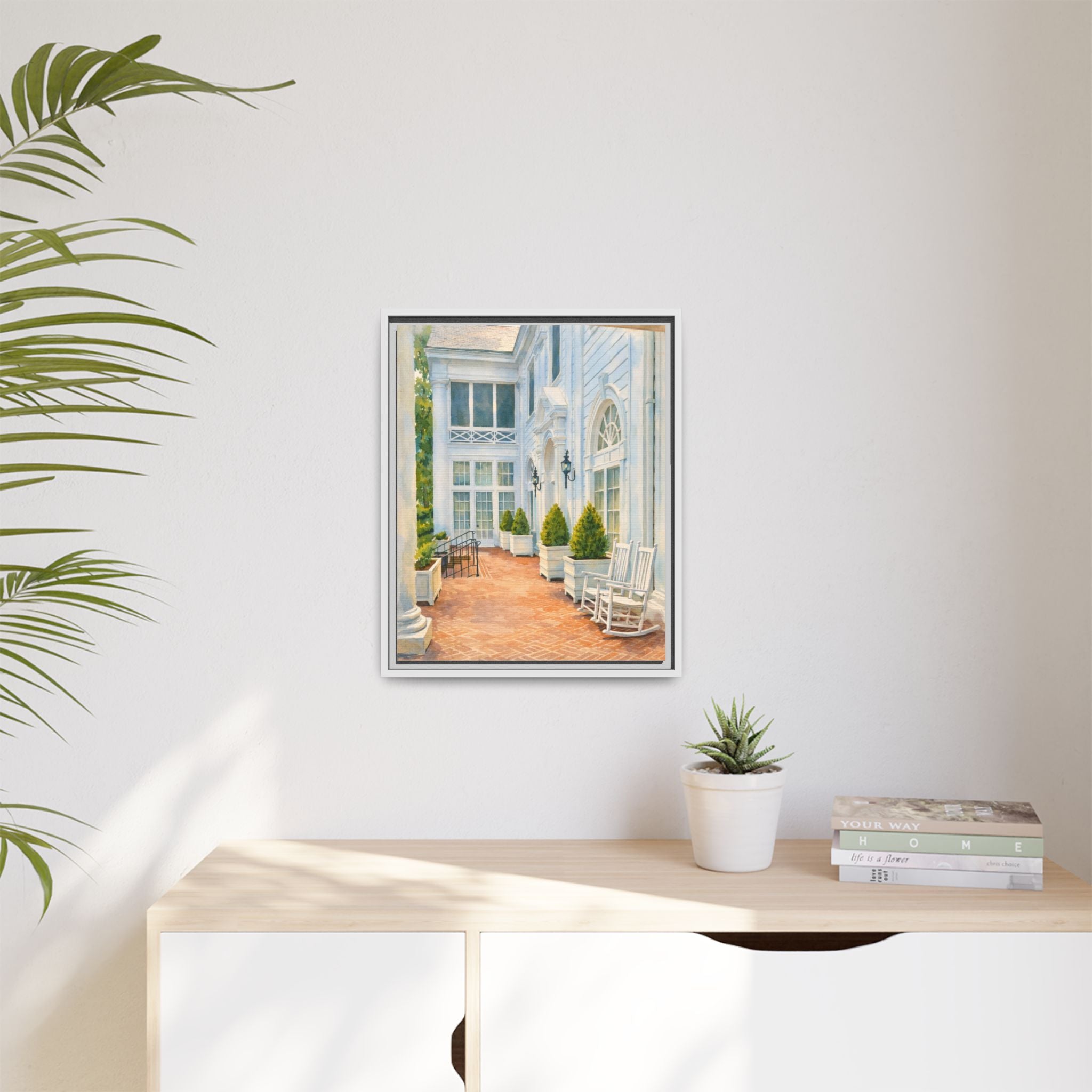 Framed Matte Canvas Print — Sunny Southern Porch Painting - The Duke Mansion