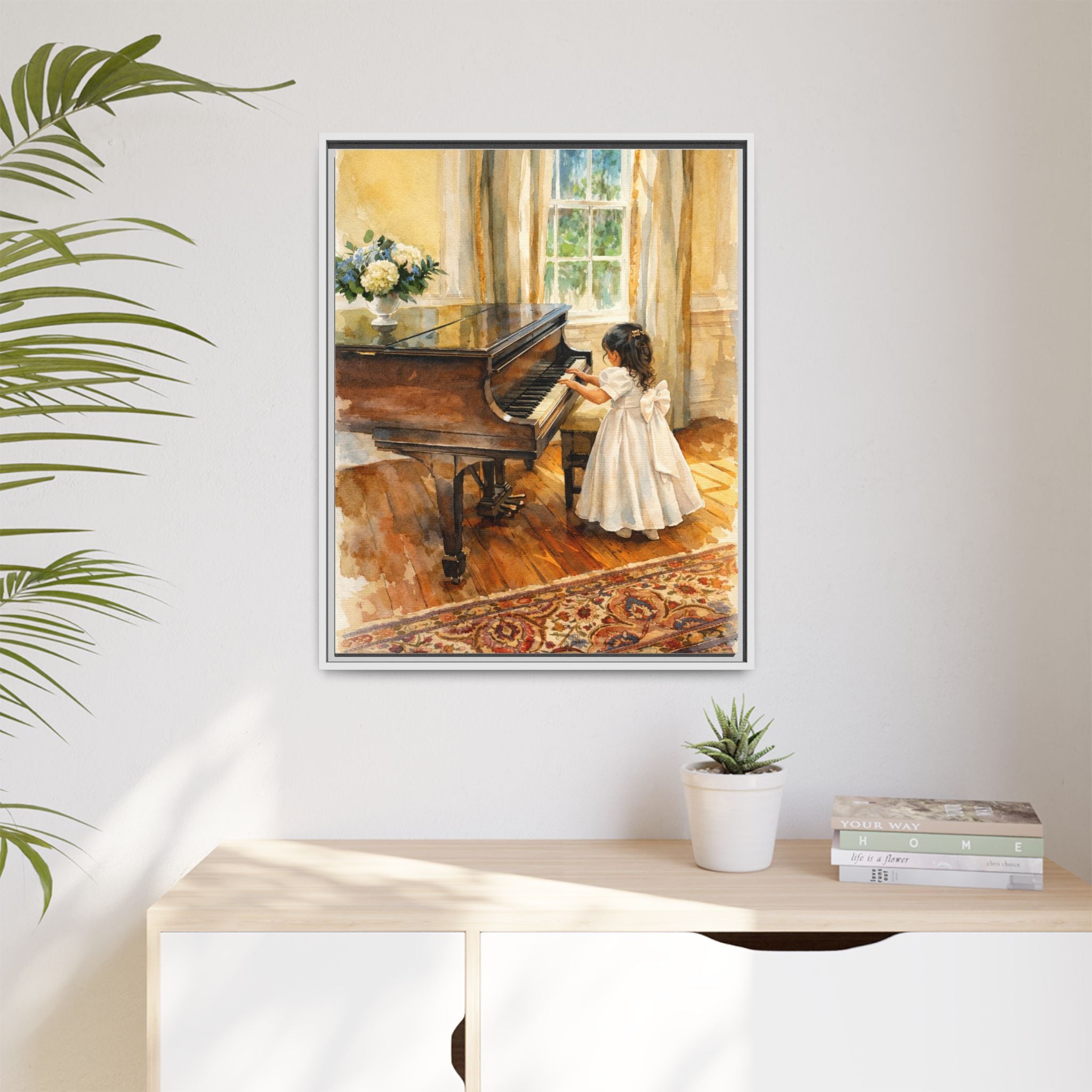 Framed Canvas Art - Little Girl at Piano Watercolor Print