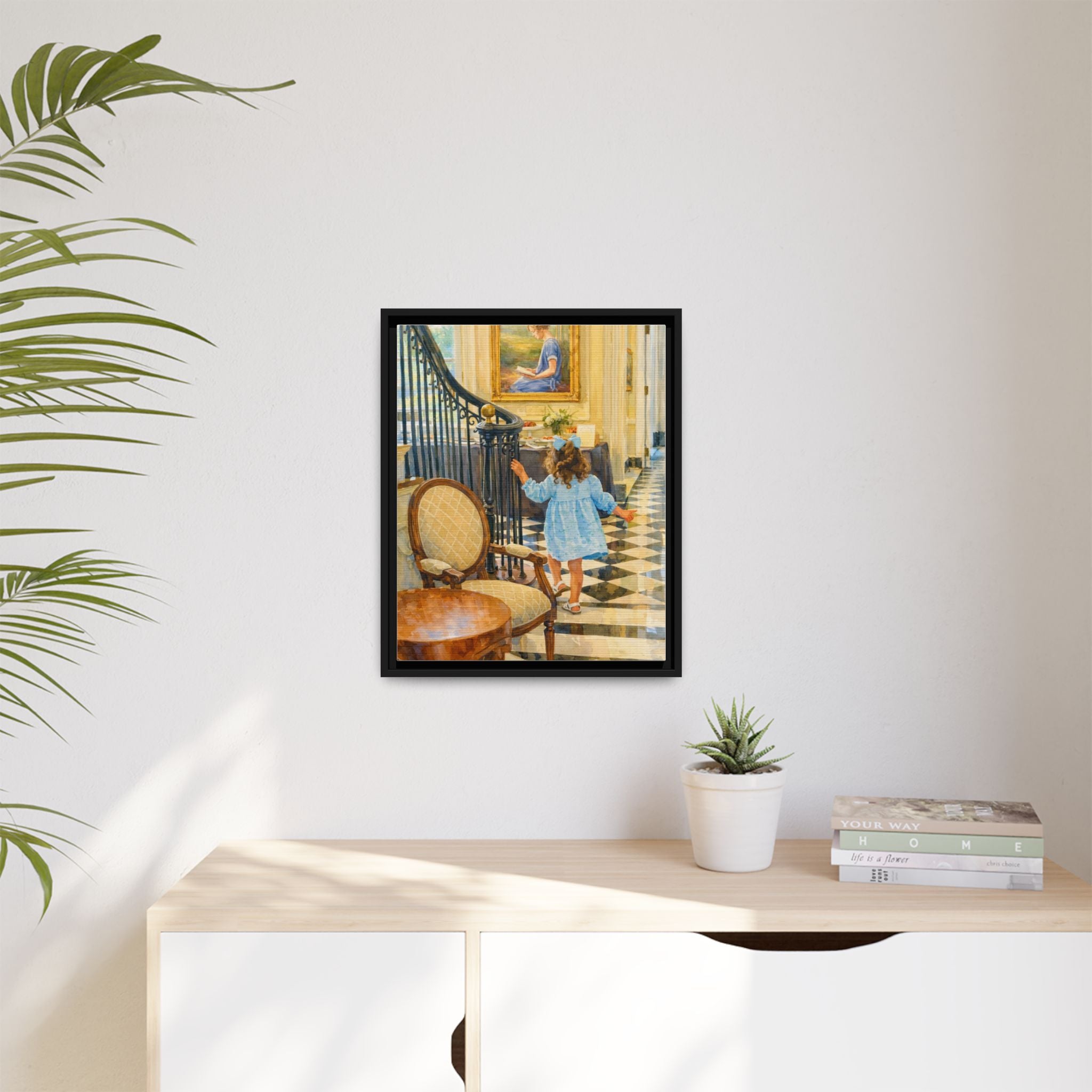 Framed Canvas Art – Little Girl in Blue Dress Vintage Hallway Print