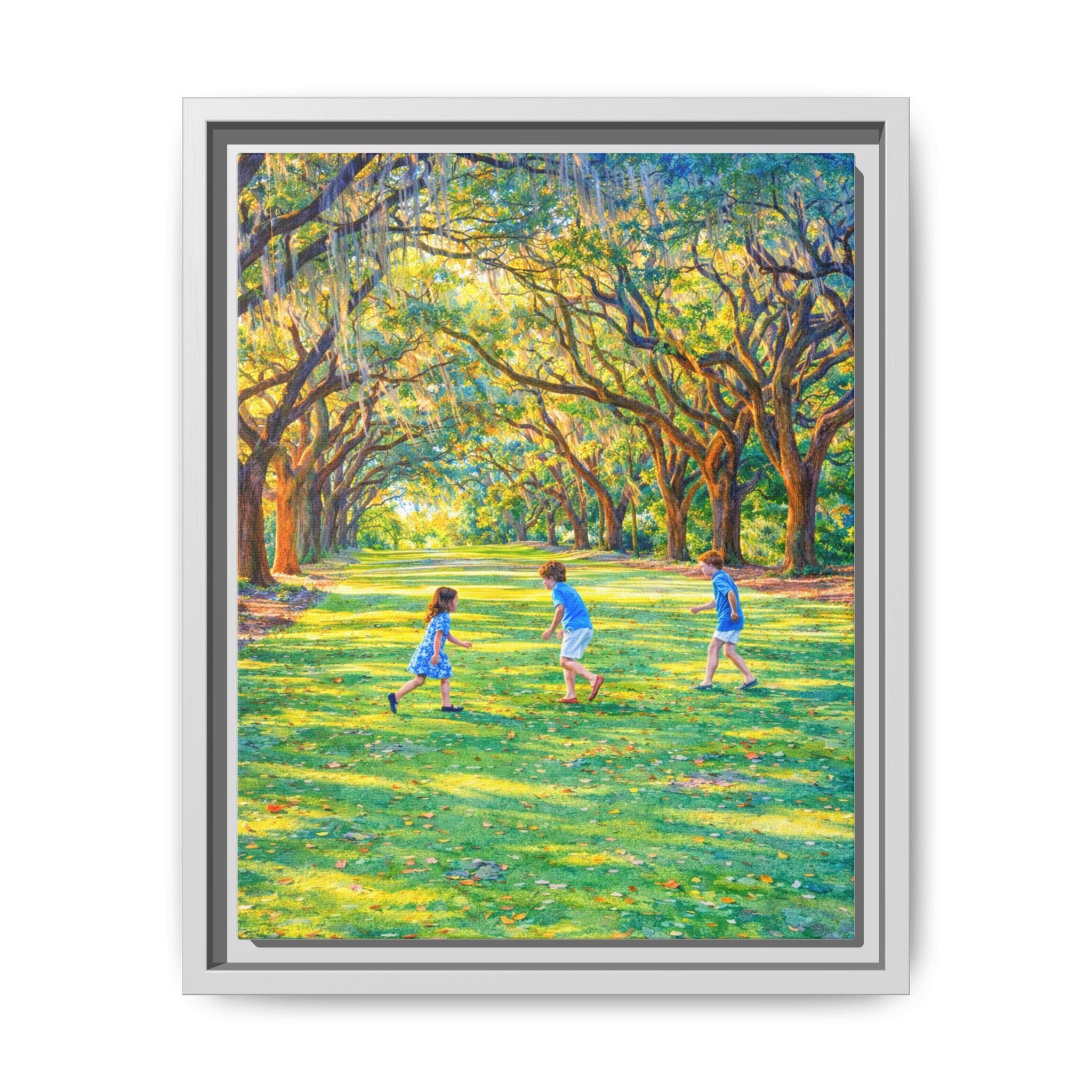 Framed Canvas Print — Children Playing Under Sunlit Oak Trees (Matte)