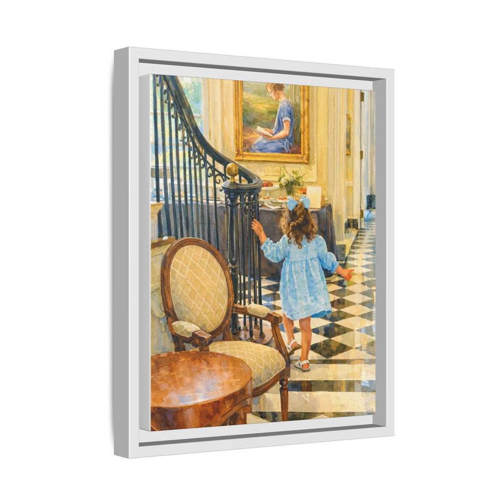 Framed Canvas Art – Little Girl in Blue Dress Vintage Hallway Print