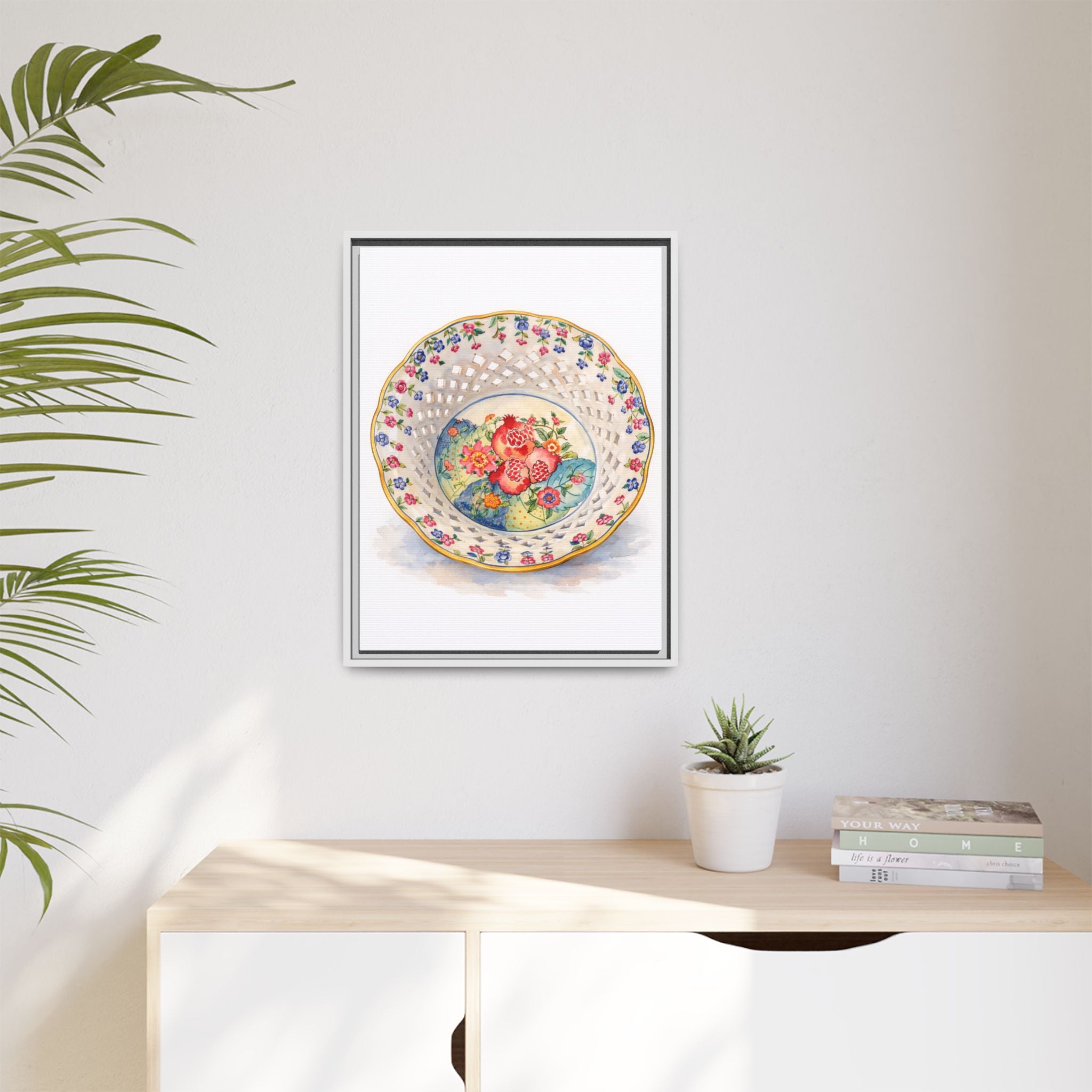 Framed Floral China Plate Canvas Print — Vintage Botanical Wall Art