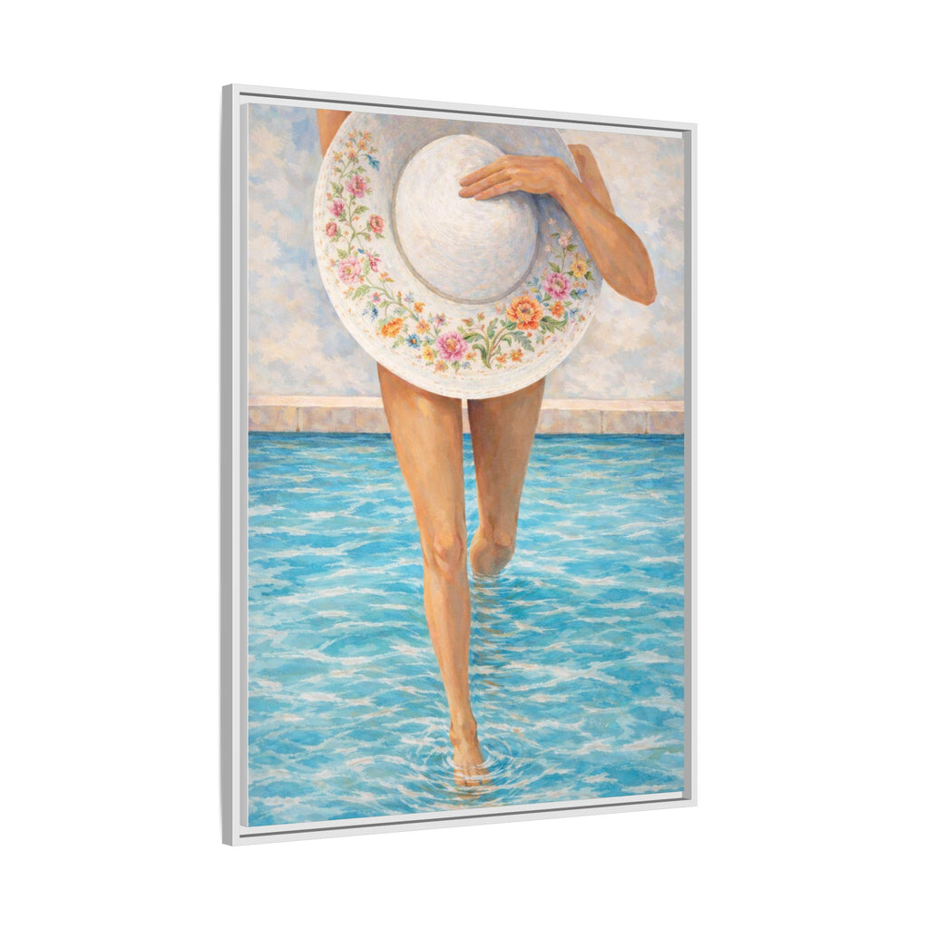 Summer Stroll Canvas Print — Woman with Floral Sun Hat Framed Art