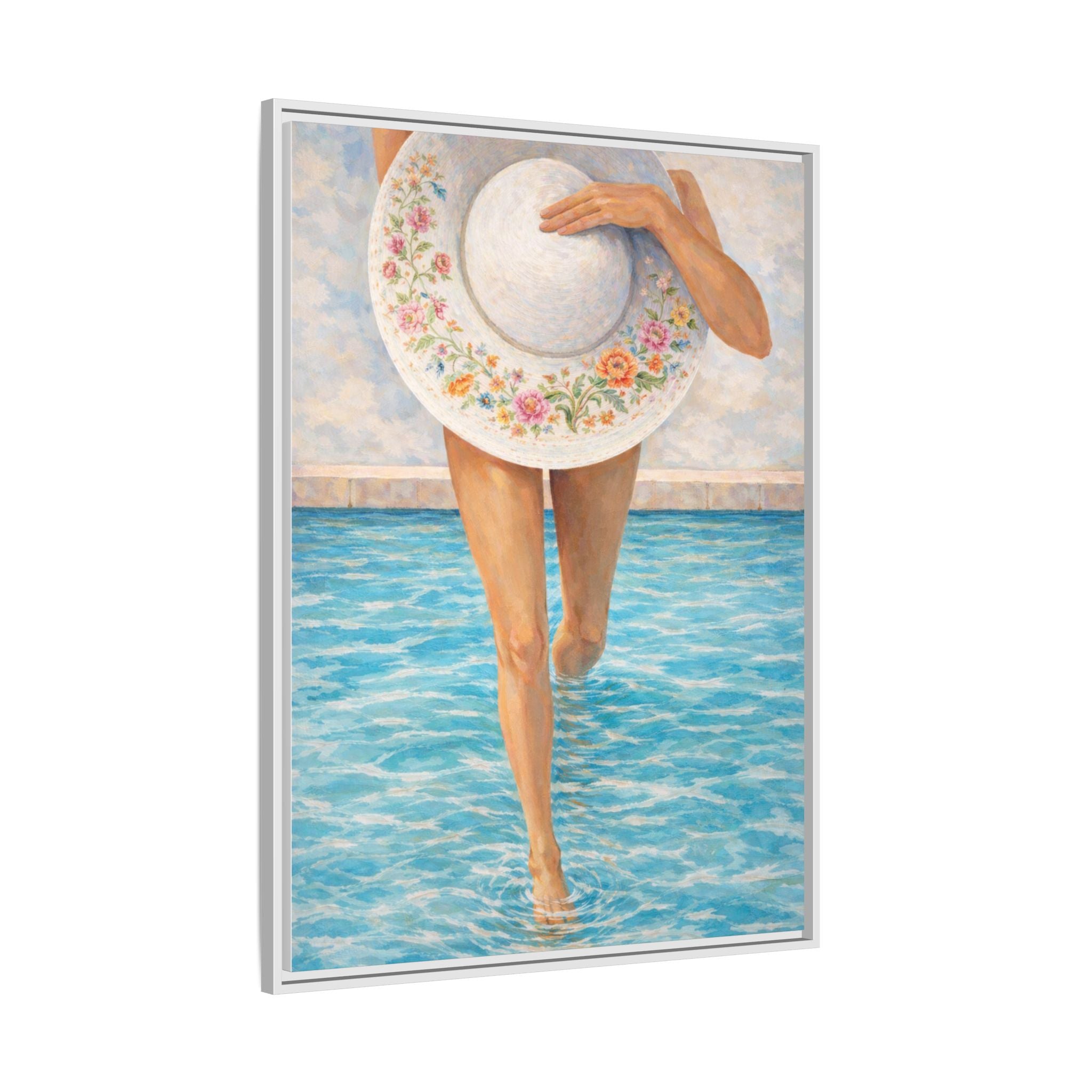 Summer Stroll Canvas Print — Woman with Floral Sun Hat Framed Art