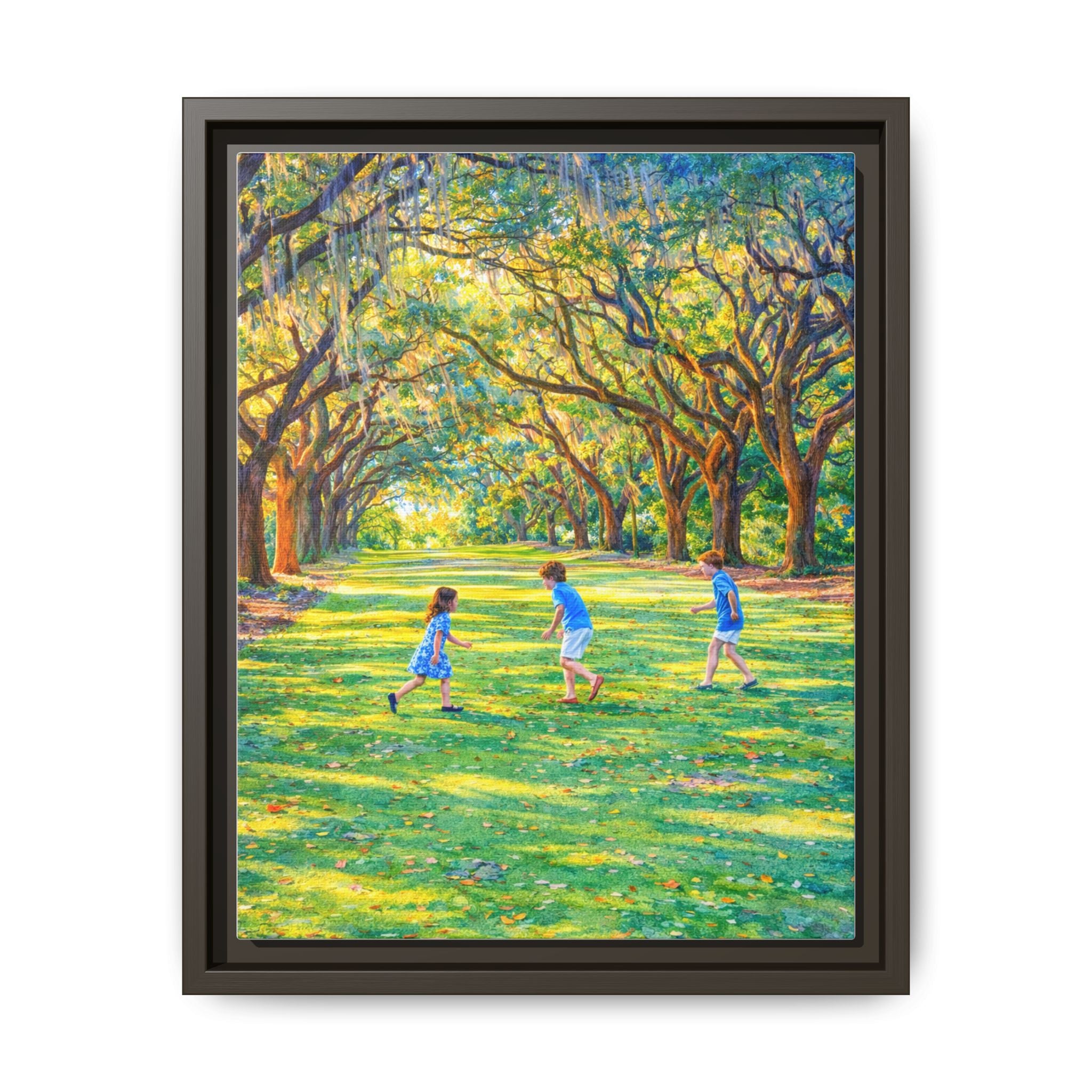Framed Canvas Print — Children Playing Under Sunlit Oak Trees (Matte)